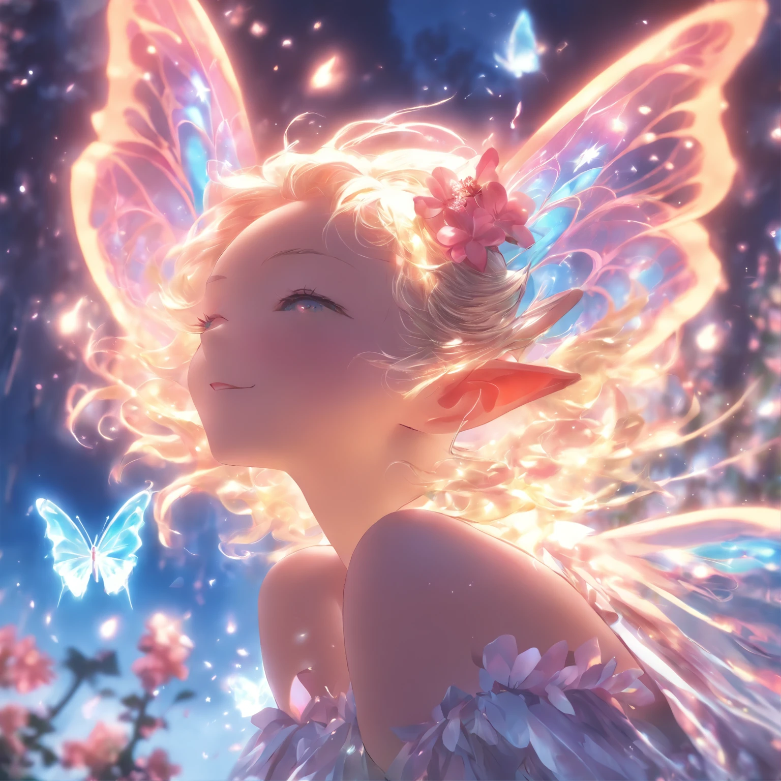 one-girl，closeup cleavage，Elves in flowers，A pair of transparent butterfly wings，Colorful wings，（A skirt composed of petals：1.5），The petals float into the sky，（Petals of various flowers），best qualtiy，tmasterpiece，Photorealsitic，Photorealistic image quality，The dawn effect，Beam light