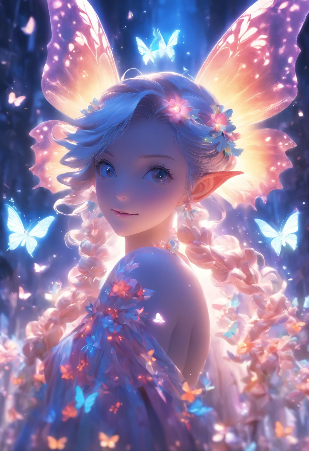 one-girl，full body，Elves in flowers，A pair of transparent butterfly wings，Colorful wings，（A skirt composed of petals：1.5），The petals float into the sky，（Petals of various flowers），best qualtiy，tmasterpiece，Photorealsitic，Photorealistic image quality，The dawn effect，Beam light