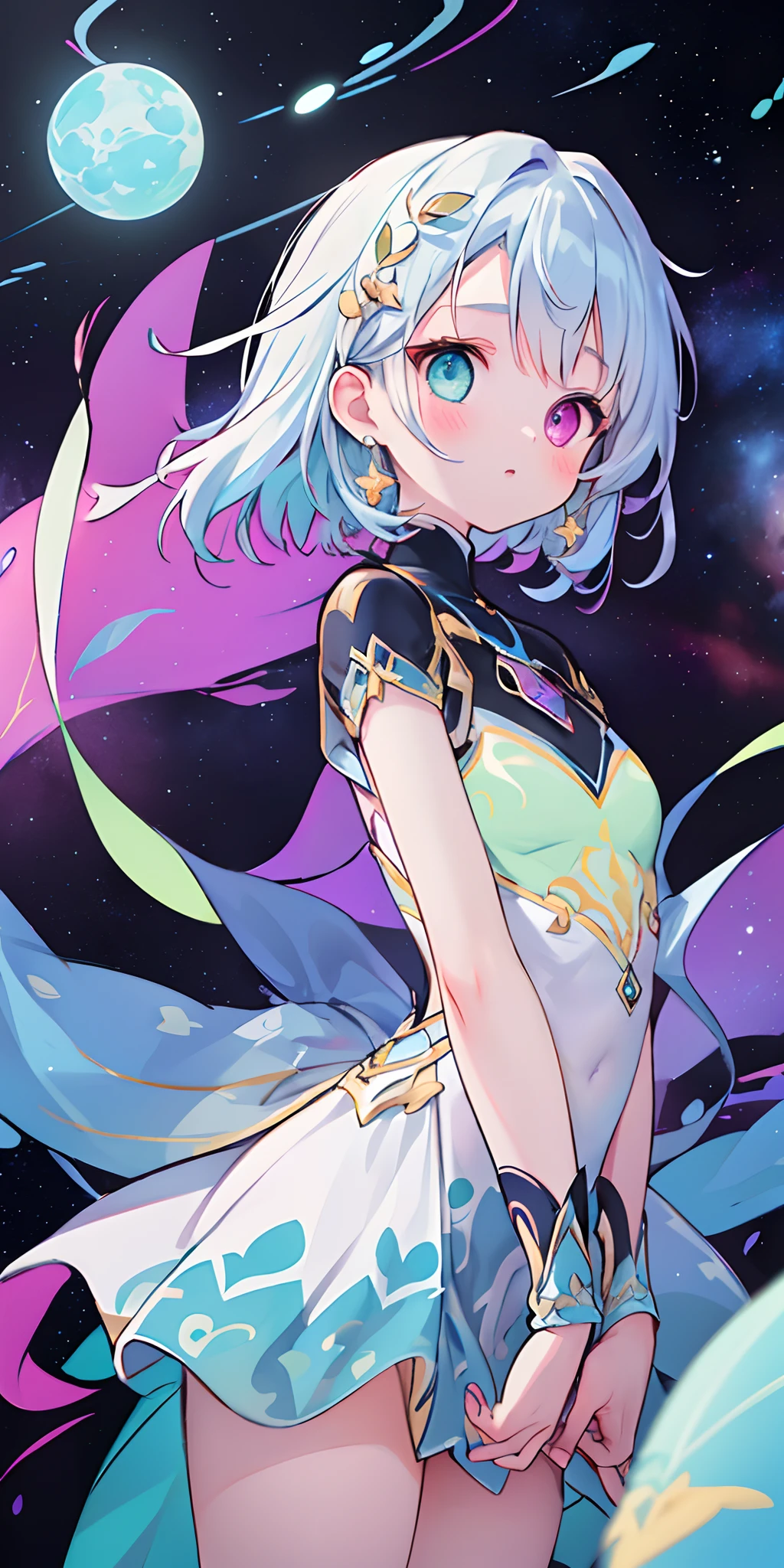 A girl in space captivates with her ((heterochromatic eyes)), each iris displaying a unique and enchanting color combination. Her eyes shimmer like celestial gems, reflecting the wonders of the cosmos. The illustrative style takes inspiration from the ethereal works of Jasmine Becket-Griffith, known for her enchanting and fantastical character illustrations. The color palette combines celestial shades of blues, purples, and hints of stardust-like glimmers. The camera angle captures the girl in a contemplative gaze, highlighting the mesmerizing beauty of her heterochromatic eyes amidst the vastness of space.