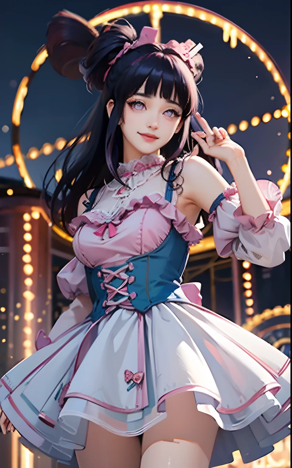 1girl, solo,mix4, (realistic:1.1), (photorealistic:1.1), (masterpiece:1.1), (best quality:1.1),  ultra detailed, looking at viewer, smile,sweet_lolita,standing , natural lighting, depth of field, (pureerosface_v1:0.8), amusement park in the background,(night), Blunt Bangs, purple eyes, dark blue hair