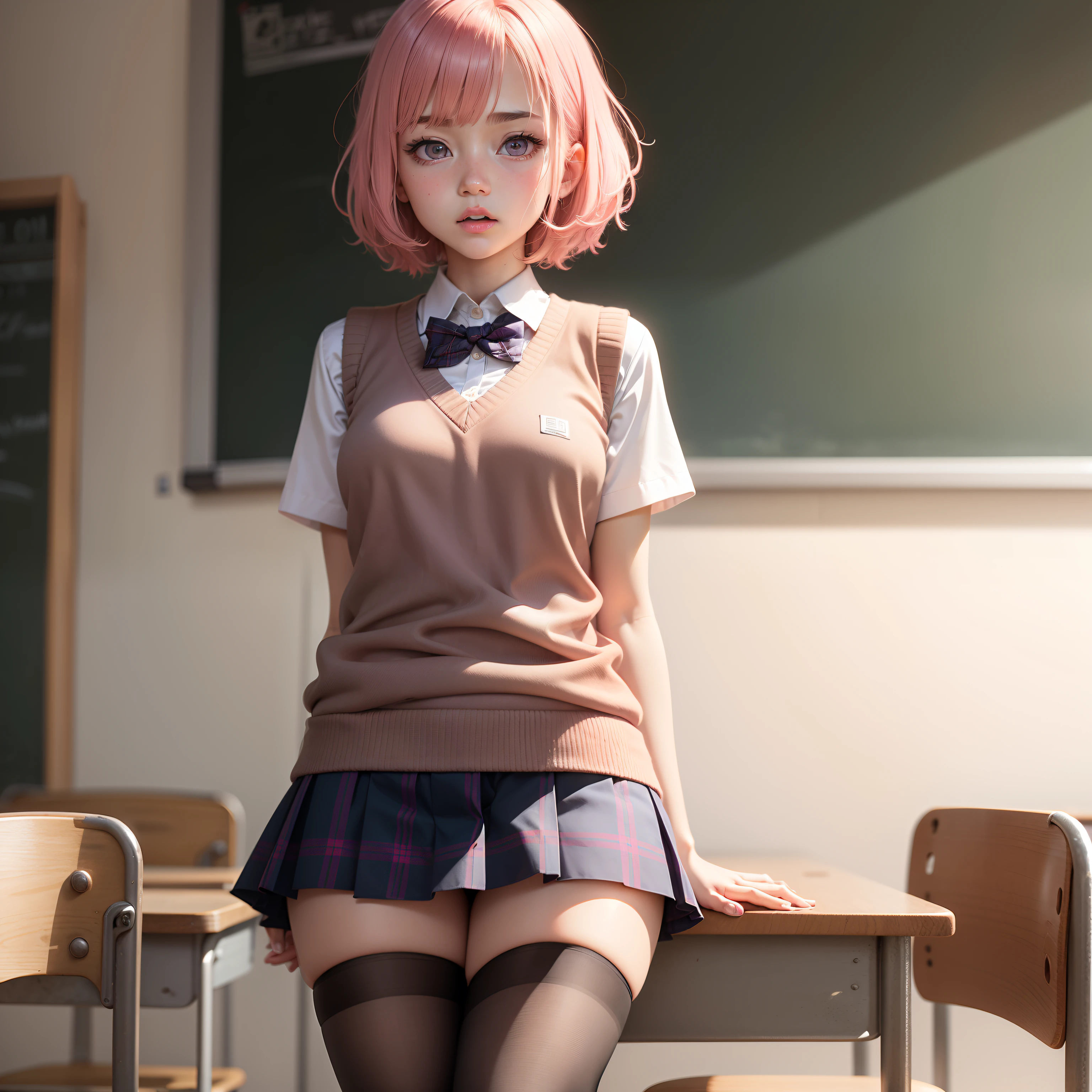 Classroom during class,PH Momo, momohd, phmomo, Solo, 1girl in, Pink hair, Purple eyes, Short hair, Hair Flower, Sweater Vest, School uniform, Big eyes, plaid skirts, black thighhighs,embarrassed