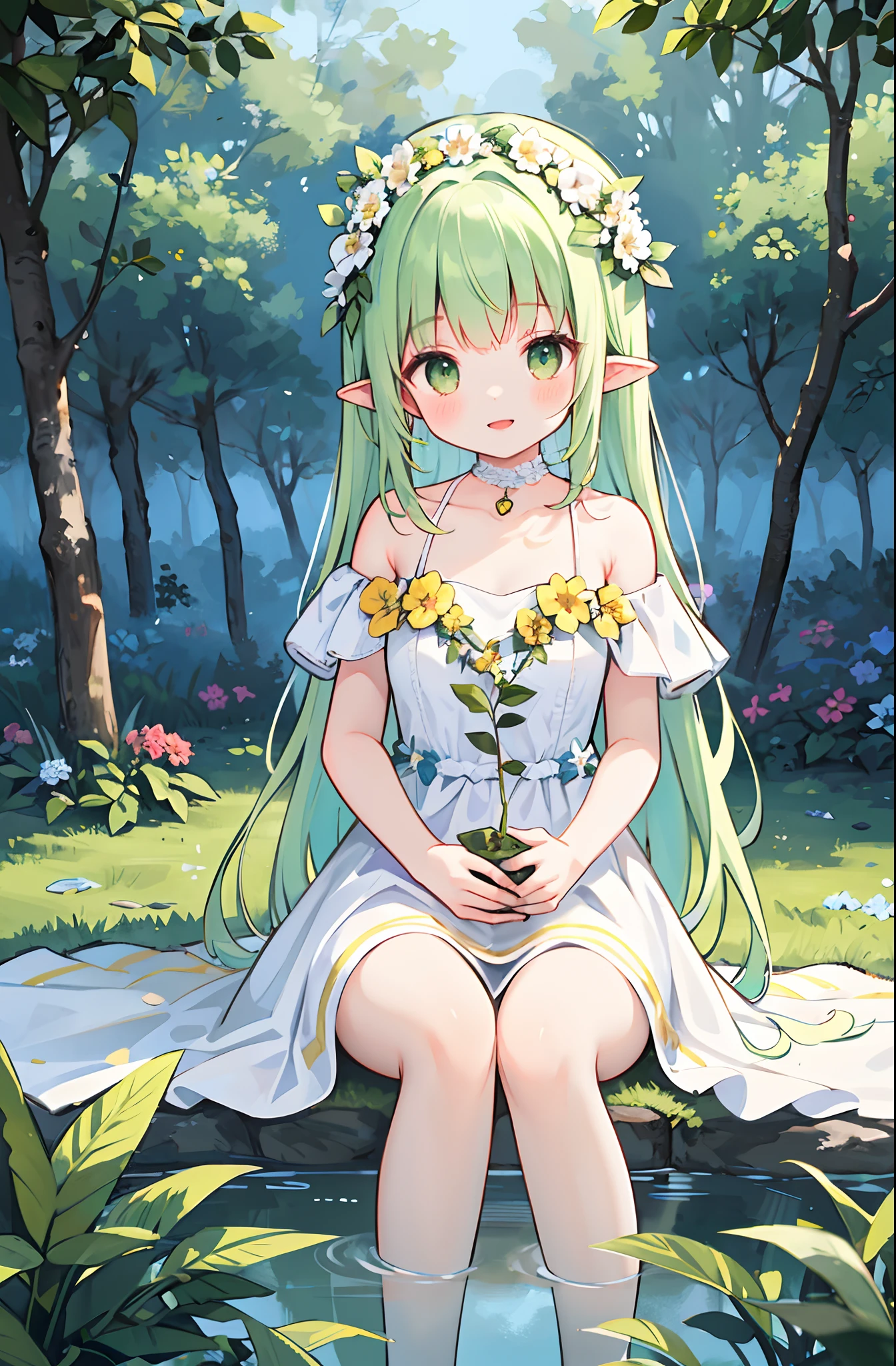 Masterpiece, best quality, illustration, colorful, landscape, fantasy, forest, 1girl, girly, face focus, skinny, bare shoulders, clavicle, detailed golden long hair, green eyes, pointy ears, holy smile , wreath, white dress, holy light, forest, sea of trees, flowers, sitting on the ground