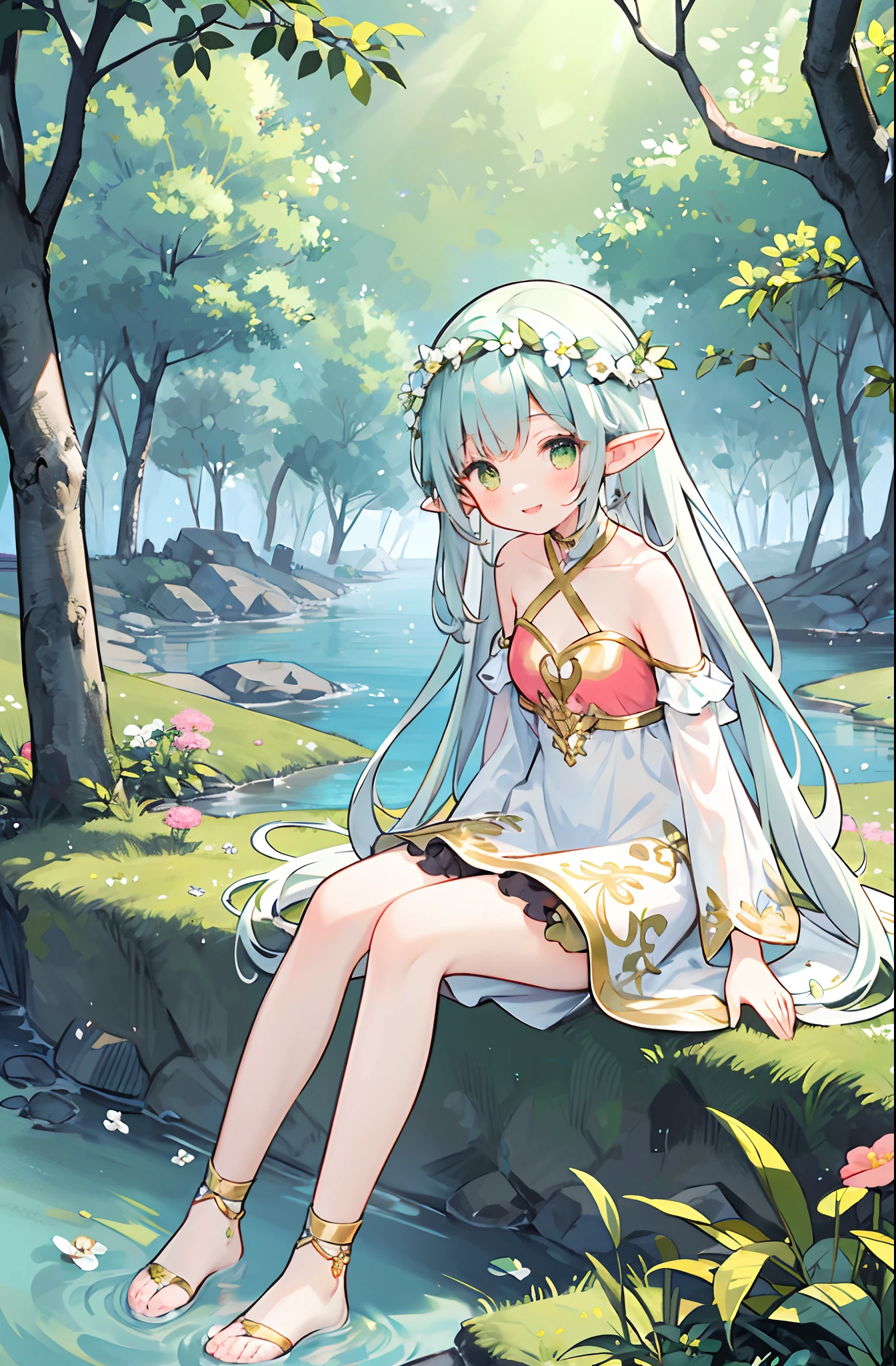 Masterpiece, best quality, illustration, colorful, landscape, fantasy, forest, 1girl, girly, face focus, skinny, bare shoulders, clavicle, detailed golden long hair, green eyes, pointy ears, holy smile , wreath, white dress, holy light, forest, sea of trees, flowers, sitting on the ground