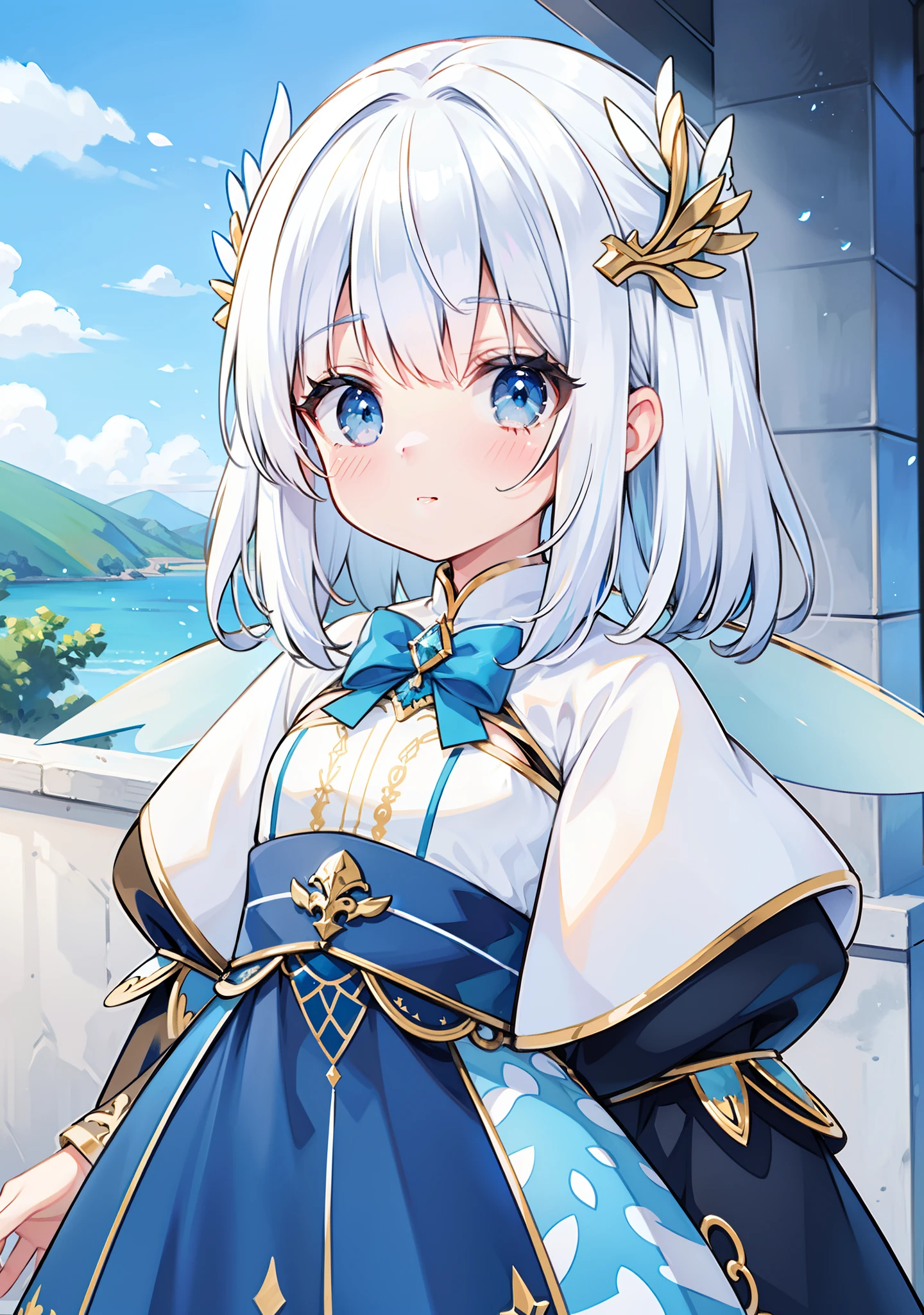 White hair with blue matching，It is a dress that matches white with blue and gold，It is a fairy in the sky