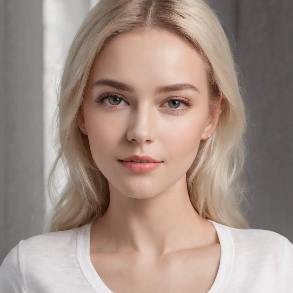 portrait, woman, face with sarcastic expression, caucasian, blond hair, evil look, huge breasts, white clothing, 8k resolution, realistic