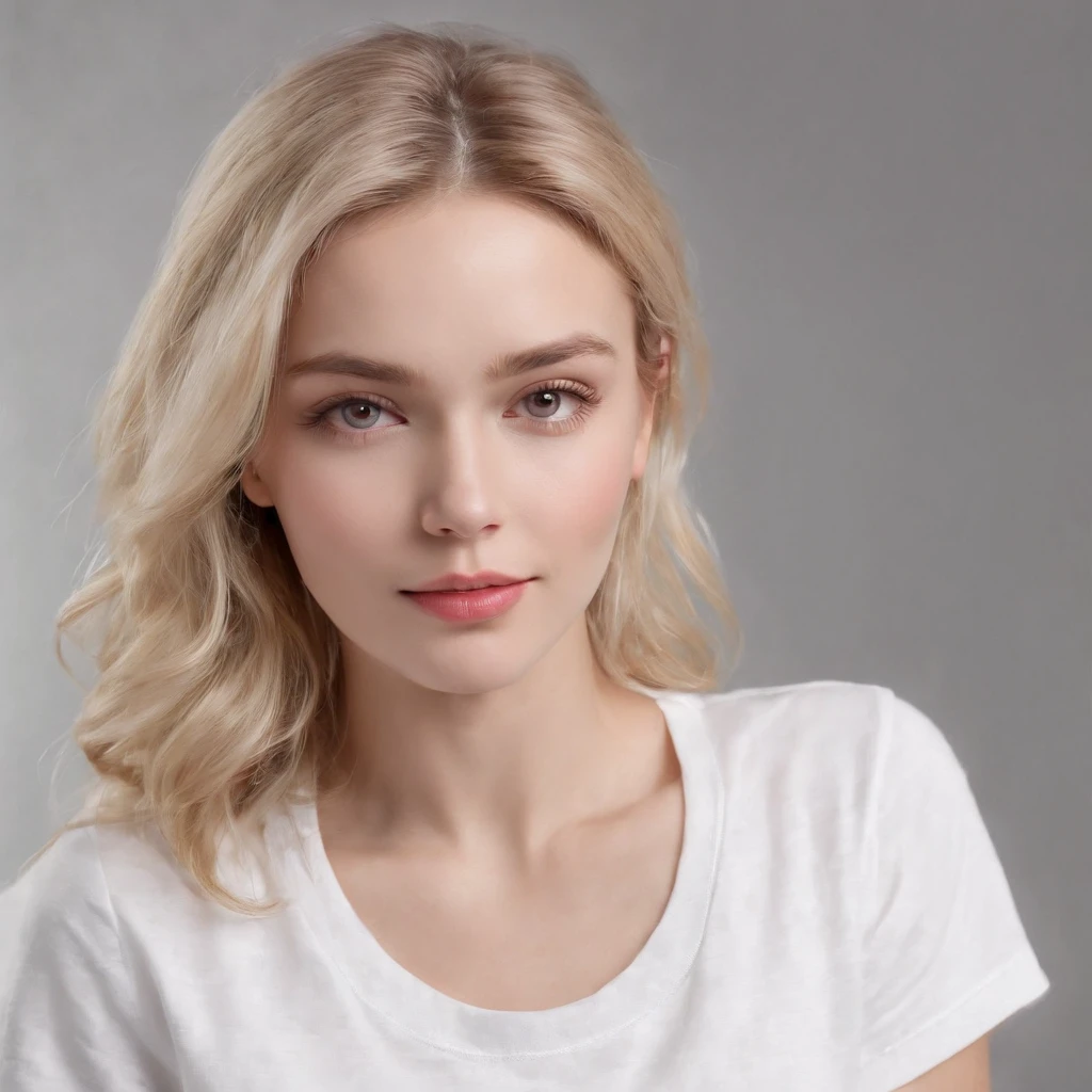 (photo: 1.3) af (realism: 1.4), (((white T-shirt))), (blond lady), super high resolution, (realism: 1.4), 1 girl, female avatar, soft light, Short hair, facial focus, cheerful, young, confident, ((gray background)), (((monochrome background))), high definition, details, slightly looking up, perfect picture, movie quality, ultra high definition, female avatar, beautiful girl , young and beautiful, delicate face, elegant and luxurious