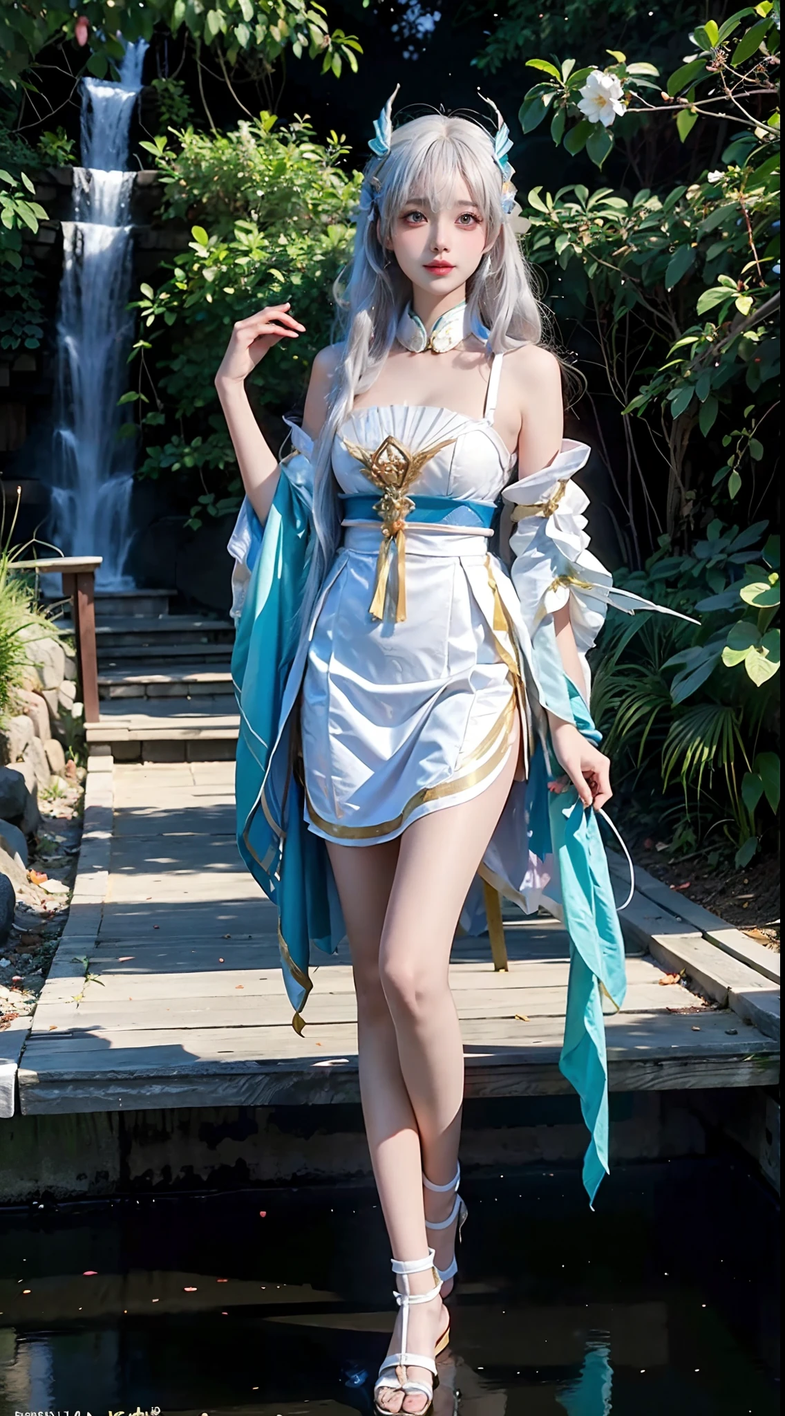 Genshin, genshin, Ganyu, Gan Yu, (calf horn), (grass gray hair), shawl long hair, (blue eyes), bare shoulders, bell necklace, black belly pocket, one-piece sheer vest, short cheongsam skirt, tight black stockings, traditional Chinese background, front lighting, HD, 8K, rich face details, look at the camera