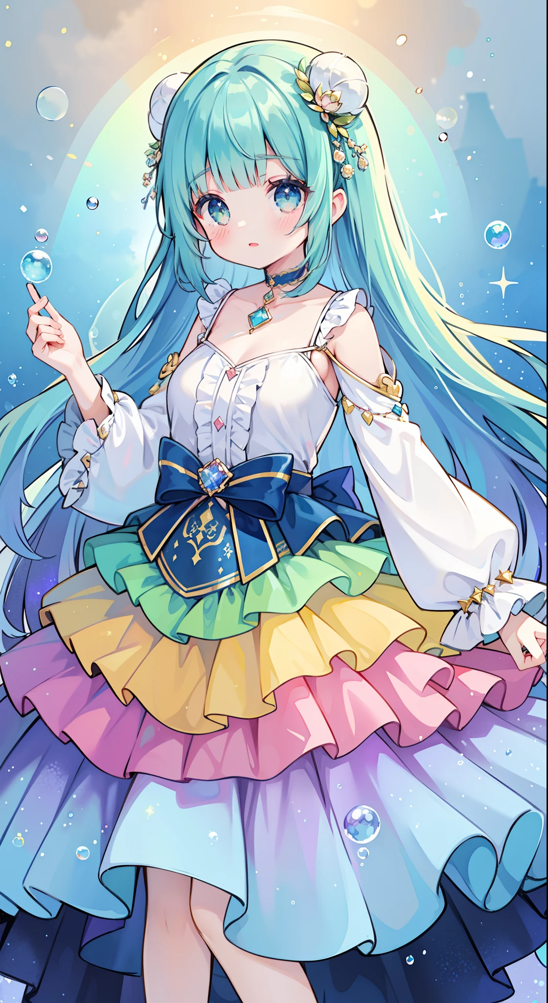 masterpiece, best quality, intricate details, beautiful girl, sparkling eyes, otherworldly liquid fantasia background, watercolor, bright vibrant colors, whimsical, colorful, layered tiered puffy long sleeve ballgown, ((iridescent rainbow bubbles))