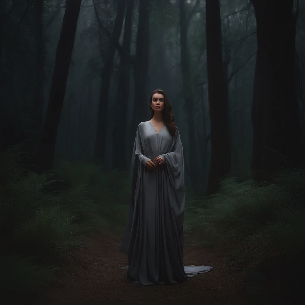 Beautiful girl in gray robe standing in dark forest, epic style, rendering by octane, desert composition, Beautiful face, Hyperrealistic, oil on the canvas, Award-winning, Masterpiece, trending on artstationh, by Ghibli Studio