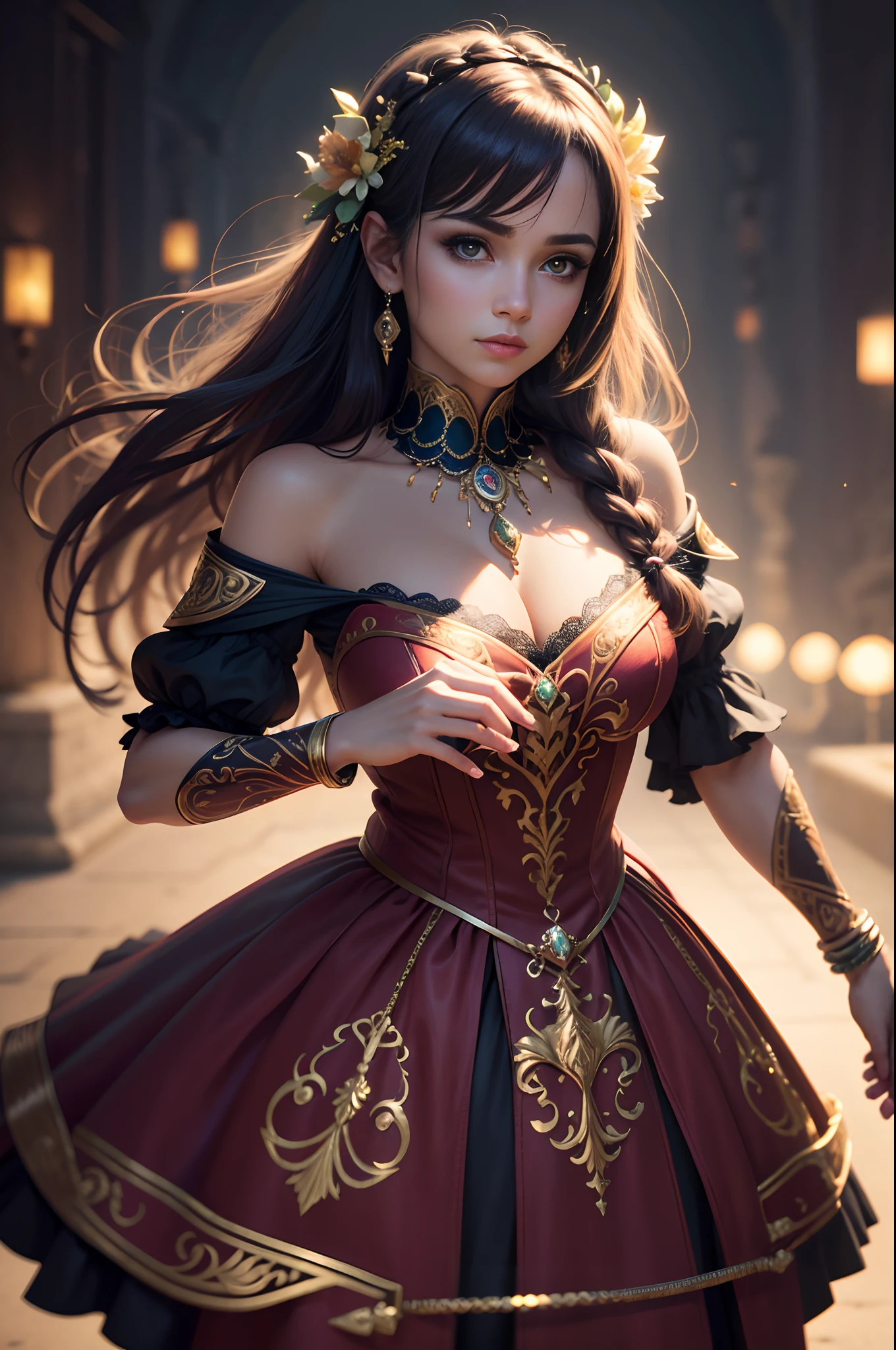 best quality, master part, Altas, 1girl,Vestido Indan,ornamento de cabelo,colar, jewelries,beautiful face,sobre_corpo, Efeito Tyndall,fotorrealista, Dark Studio, Rim lighting, dual-tone lighting,(pele altamente detalhada:1.2), 8k UHD, DSLR, soft lighting, alta qualidade, Volumetric lighting, candid, fotografia, high resolution, 4k, 8k, Bokeh, rosto hiper realista