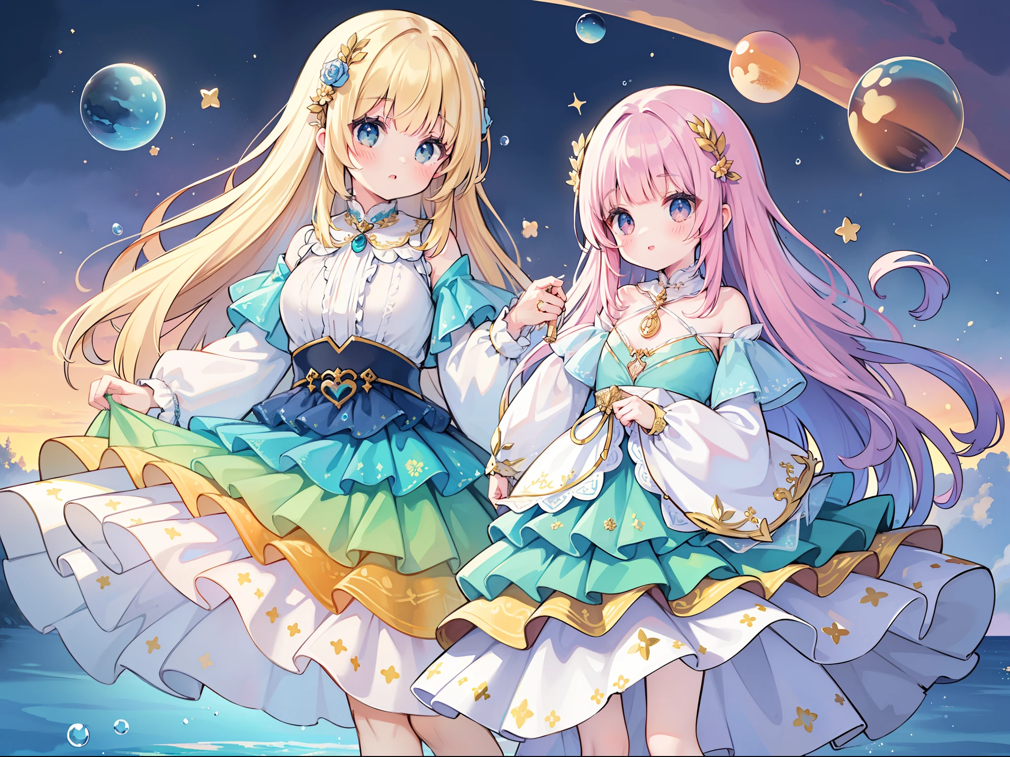 masterpiece, best quality, 8k resolution, sharp focus, intricate detail, beautiful girl, sparkling eyes, golden ratio face, otherworldly liquid, watercolor, sunset colors, bright colors, whimsical, colorful, sharp focus, high resolution, fine detail, ((layered tiered puffy long sleeves ballgown)), ((round eyes)), iridescent bubbles, fantasia background