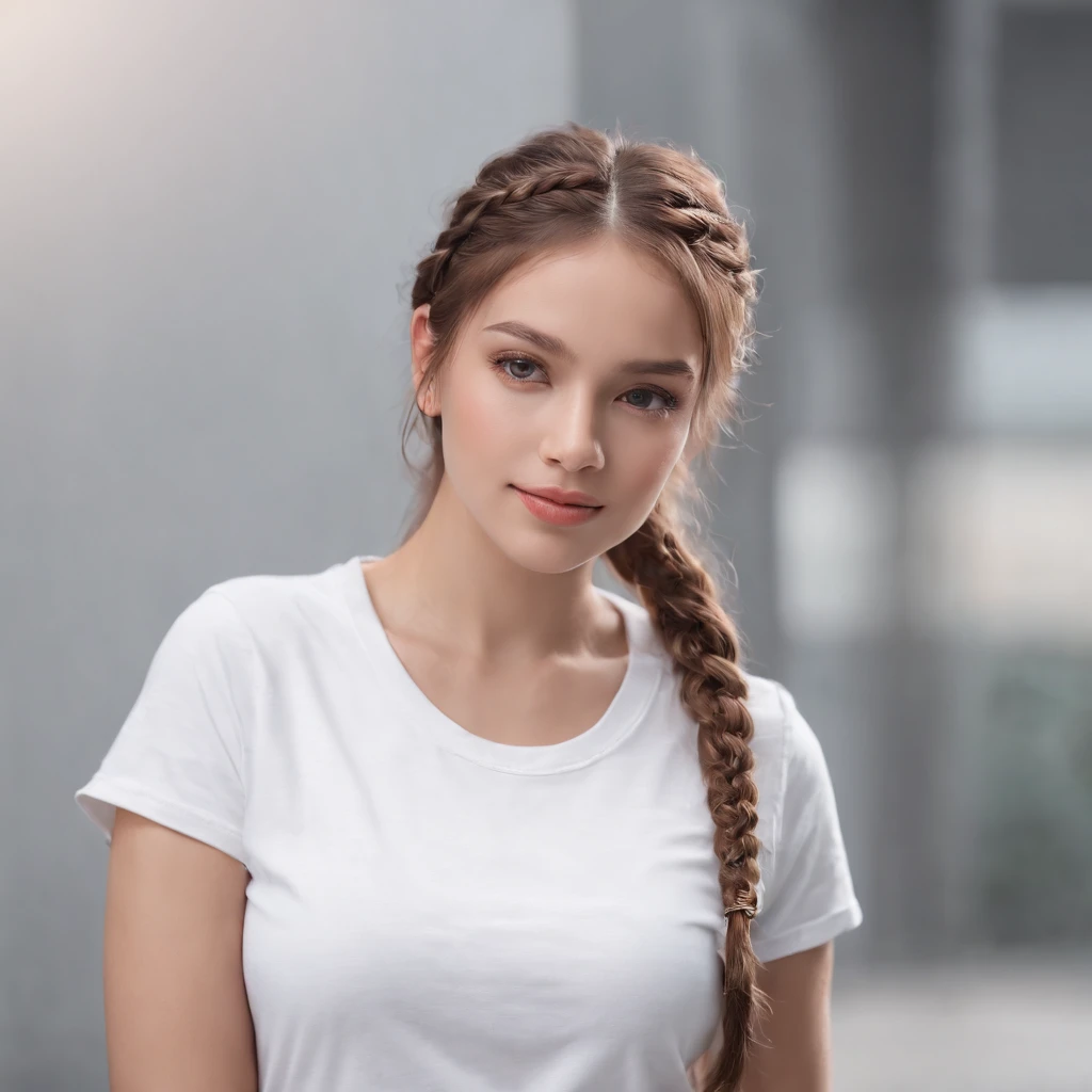 (Photo: 1.3) af (Reality: 1.4), (((White T-shirt))), (Lady with braids), super high resolution, (Reality: 1.4), 1 girl, female avatar, soft light , short hair, facial focus, cheerful, young, confident, ((gray background)), (((monochrome background))), high definition, details, slightly looking up, perfect picture, movie quality, ultra high definition, female avatar, beautiful Girl, young and beautiful, delicate face, elegant and luxurious