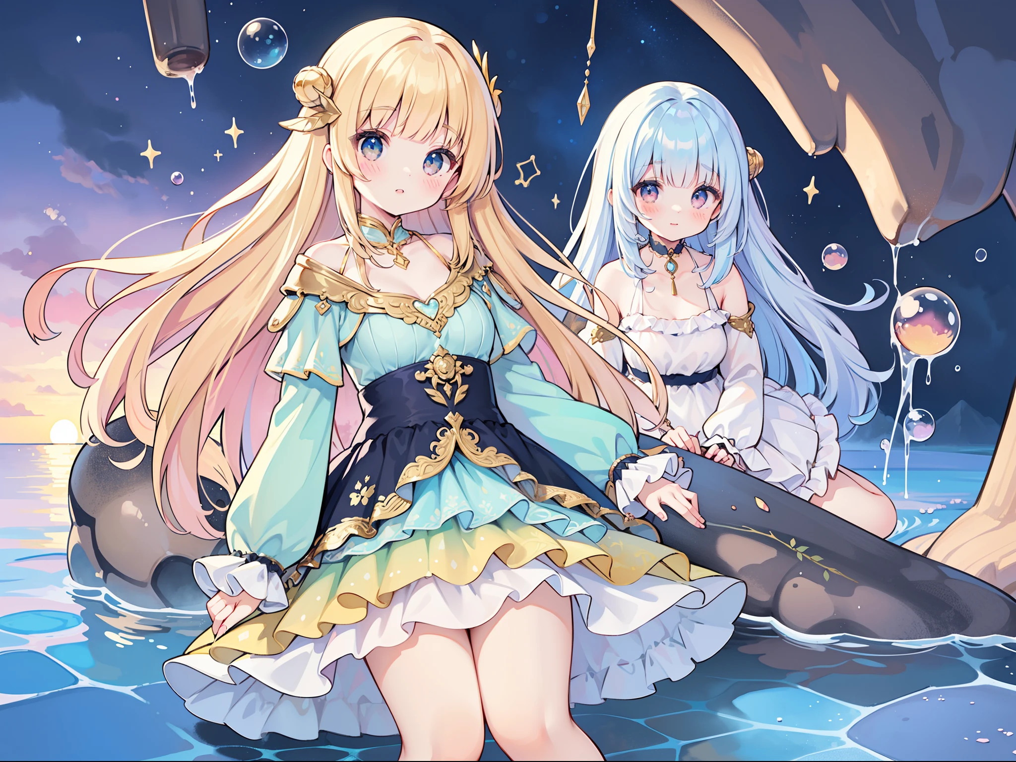 masterpiece, best quality, 8k resolution, sharp focus, intricate detail, beautiful girl, sparkling eyes, golden ratio face, otherworldly liquid, watercolor, sunset colors, bright colors, whimsical, colorful, sharp focus, high resolution, fine detail, ((layered tiered puffy long sleeves ballgown)), ((round eyes)), iridescent bubbles, fantasia background