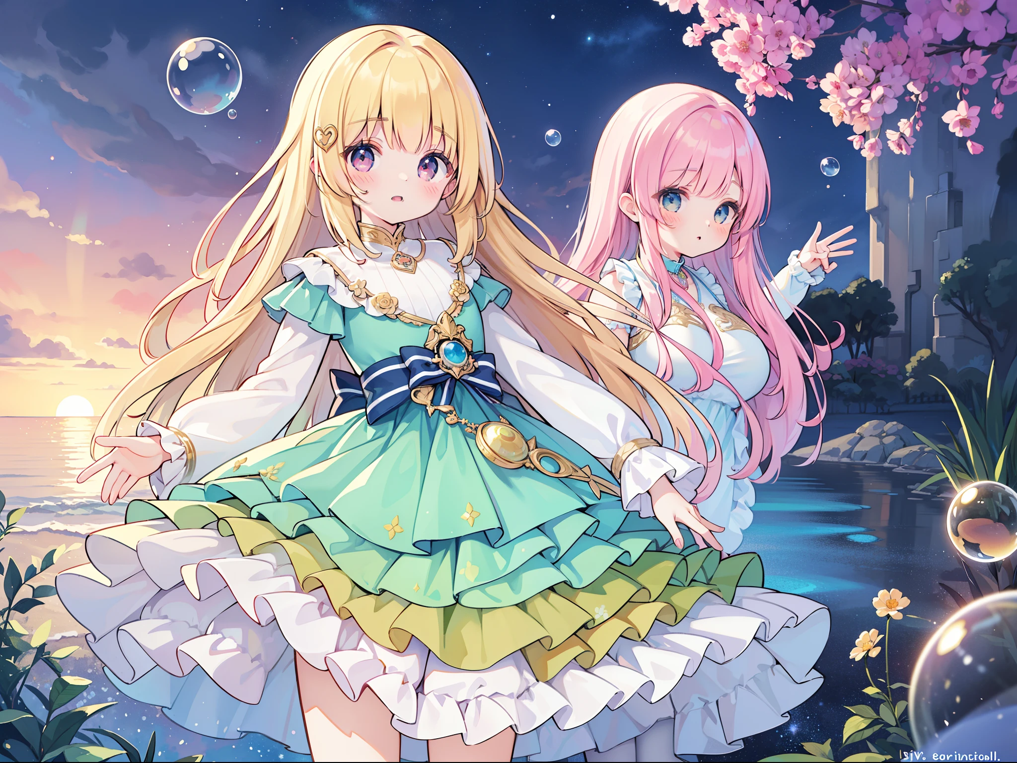 masterpiece, best quality, 8k resolution, sharp focus, intricate detail, beautiful girl, sparkling eyes, golden ratio face, otherworldly liquid, watercolor, sunset colors, bright colors, whimsical, colorful, sharp focus, high resolution, fine detail, ((layered tiered puffy long sleeves ballgown)), ((round eyes)), iridescent bubbles, fantasia background