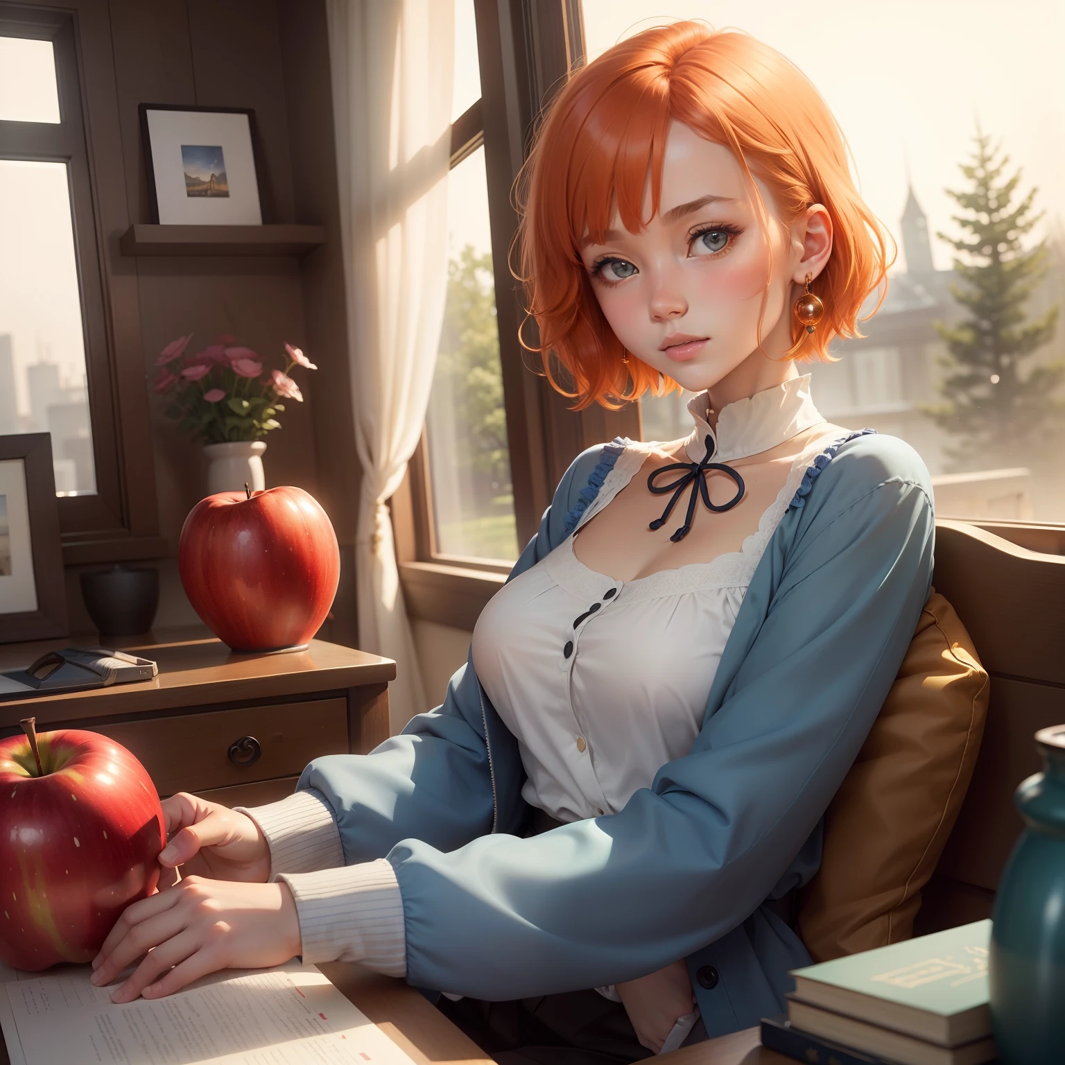 Best Quality, (masutepiece:1.2), Illustration, absurderes, (1girl in, Solo), (Beautiful detailed girl), ((Upper body, Portrait)),, Neck Macmillan, Short hair, Orange hair, Blue eyes, medium breasts, Blue Crystal Earrings, White jacket, , Cool, Calm, Looking at Viewer,, In an elegant bedroom, Night, window, drapes, Starry sky, apples, bookcase, nightstand, vases, desk work,
