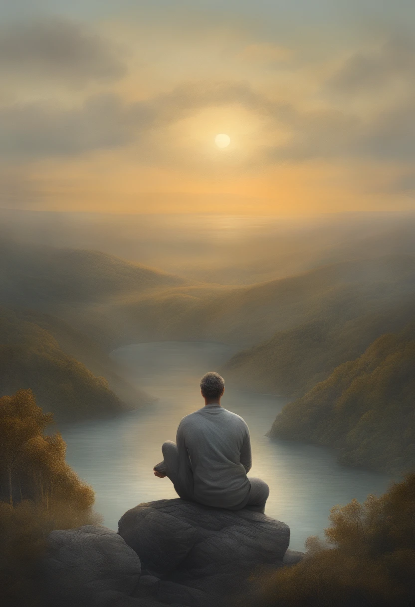 homem maduro, sitting in a meditation position, diante de um orisonte lindo, com o sol se pondo, in connection with the divine, foto de retrato, Directed by: Drew Tucker, Directed by: Adam Marczyński, Directed by: Alexander Kucharsky, Directed by: Gavin Nolan, Surrealismo 8K, Directed by: Jason Felix, Yuri Shwedoff e Tom Bagshaw, arte ilustrativa, Estilo Erik Johansson