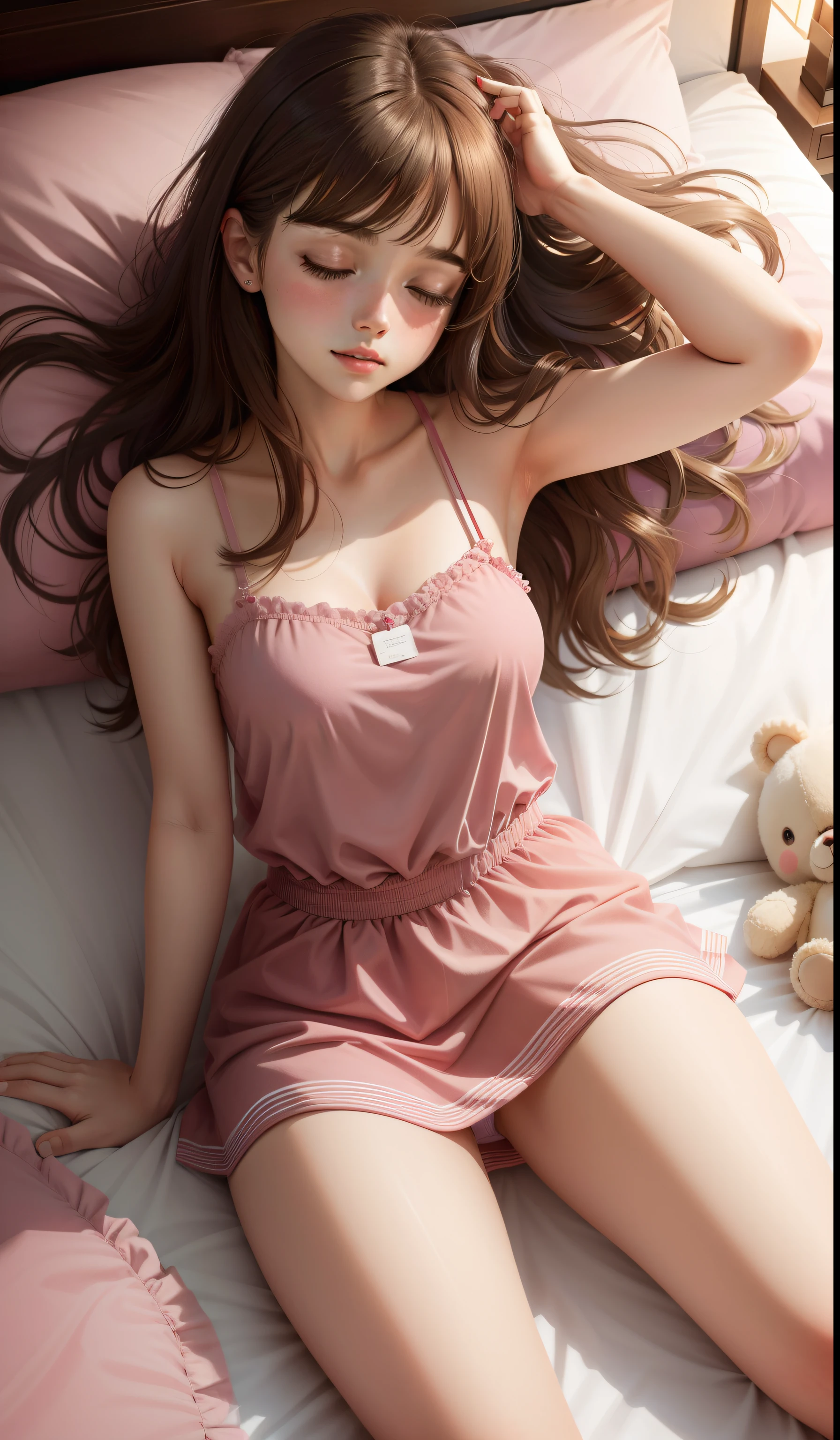Sleeping Girl, 20 years old, Realistic,Wearing a long red camisole,Open legs, Expressions of satisfaction and relief, Brown hair. Pink bed theme and some cute stuffed animals on the bed,An ultra-high picture quality,high-detail,Get up,