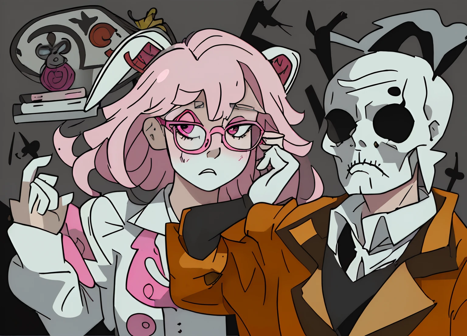 White rabbit with glasses and pink eye, esqueleto caveira com roupa de prisioneiro