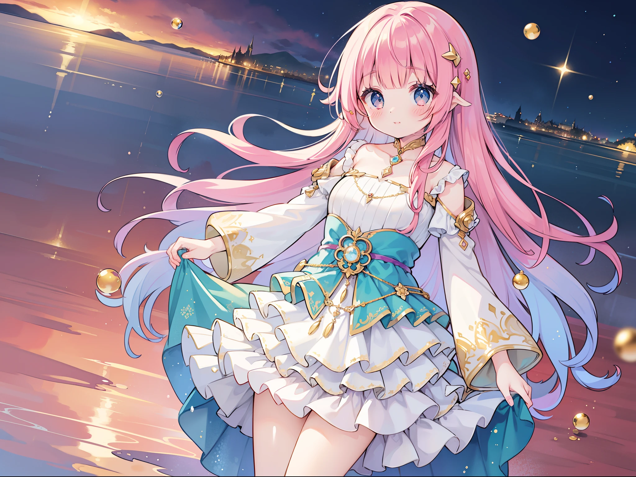 masterpiece, best quality, 8k resolution, sharp focus, intricate detail, beautiful girl, sparkling eyes, golden ratio face, otherworldly liquid, watercolor, sunset colors, bright colors, whimsical, colorful, sharp focus, high resolution, fine detail, ((layered tiered puffy long sleeves ballgown)), ((round eyes)), iridescent bubbles, fantasia background