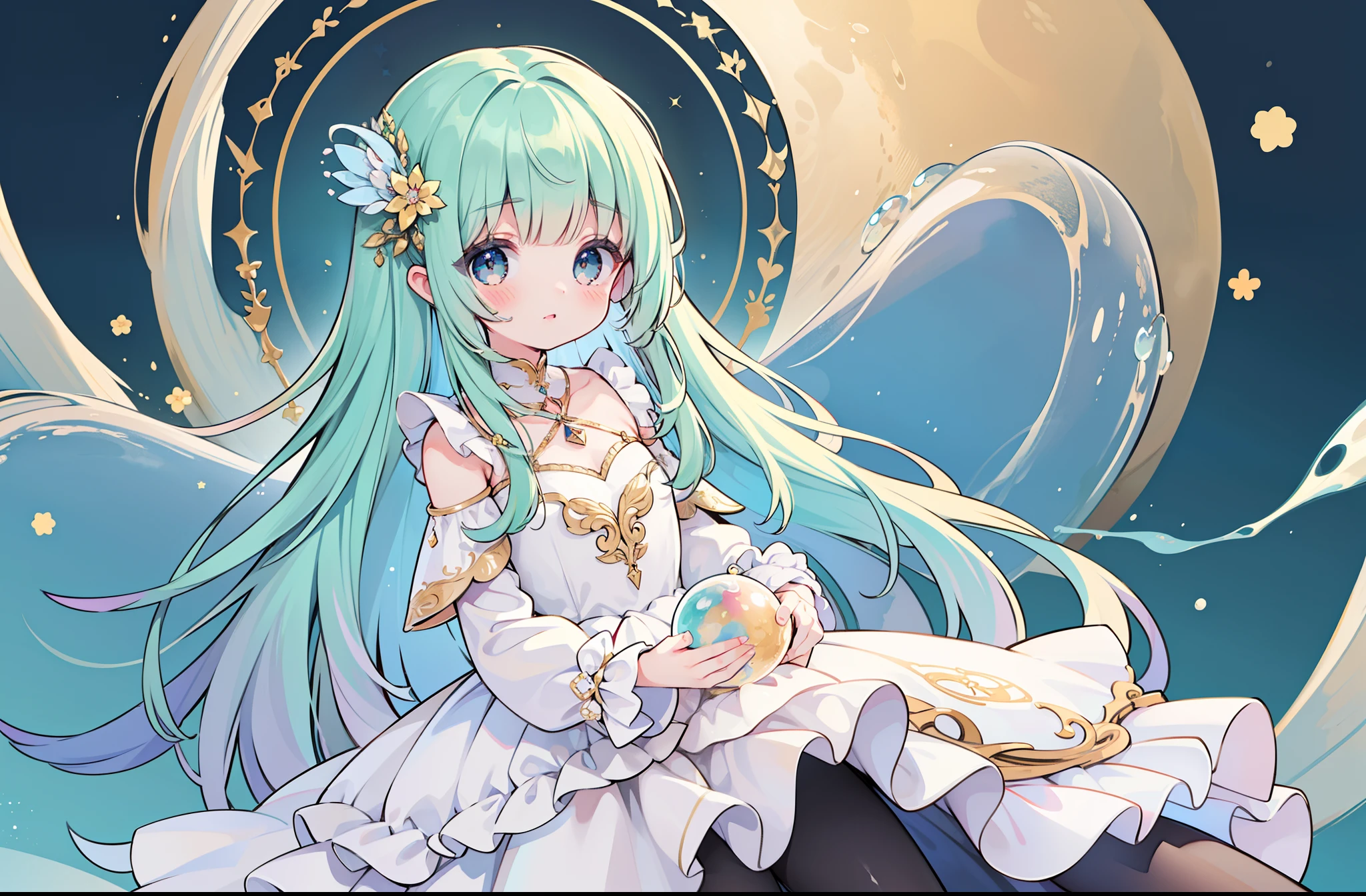 masterpiece, best quality, 8k resolution, sharp focus, intricate detail, beautiful girl, sparkling eyes, golden ratio face, otherworldly liquid, watercolor, muted colors, bright colors, whimsical, colorful, sharp focus, high resolution, fine detail, ((layered tiered puffy long sleeves ballgown)), ((round eyes)), iridescent bubbles, fantasia background