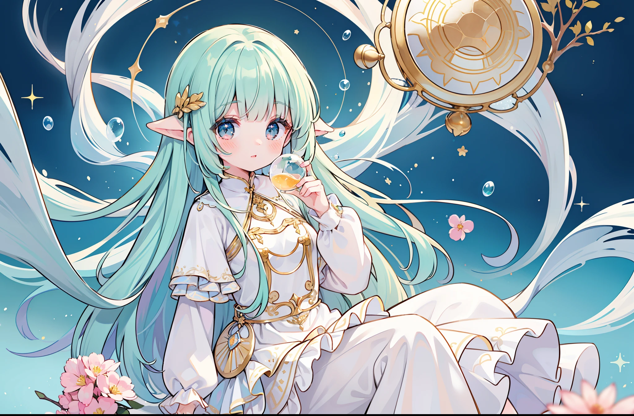 masterpiece, best quality, 8k resolution, sharp focus, intricate detail, beautiful girl, sparkling eyes, golden ratio face, otherworldly liquid, watercolor, muted colors, bright colors, whimsical, colorful, sharp focus, high resolution, fine detail, ((layered tiered puffy long sleeves ballgown)), ((round eyes)), iridescent bubbles, fantasia background