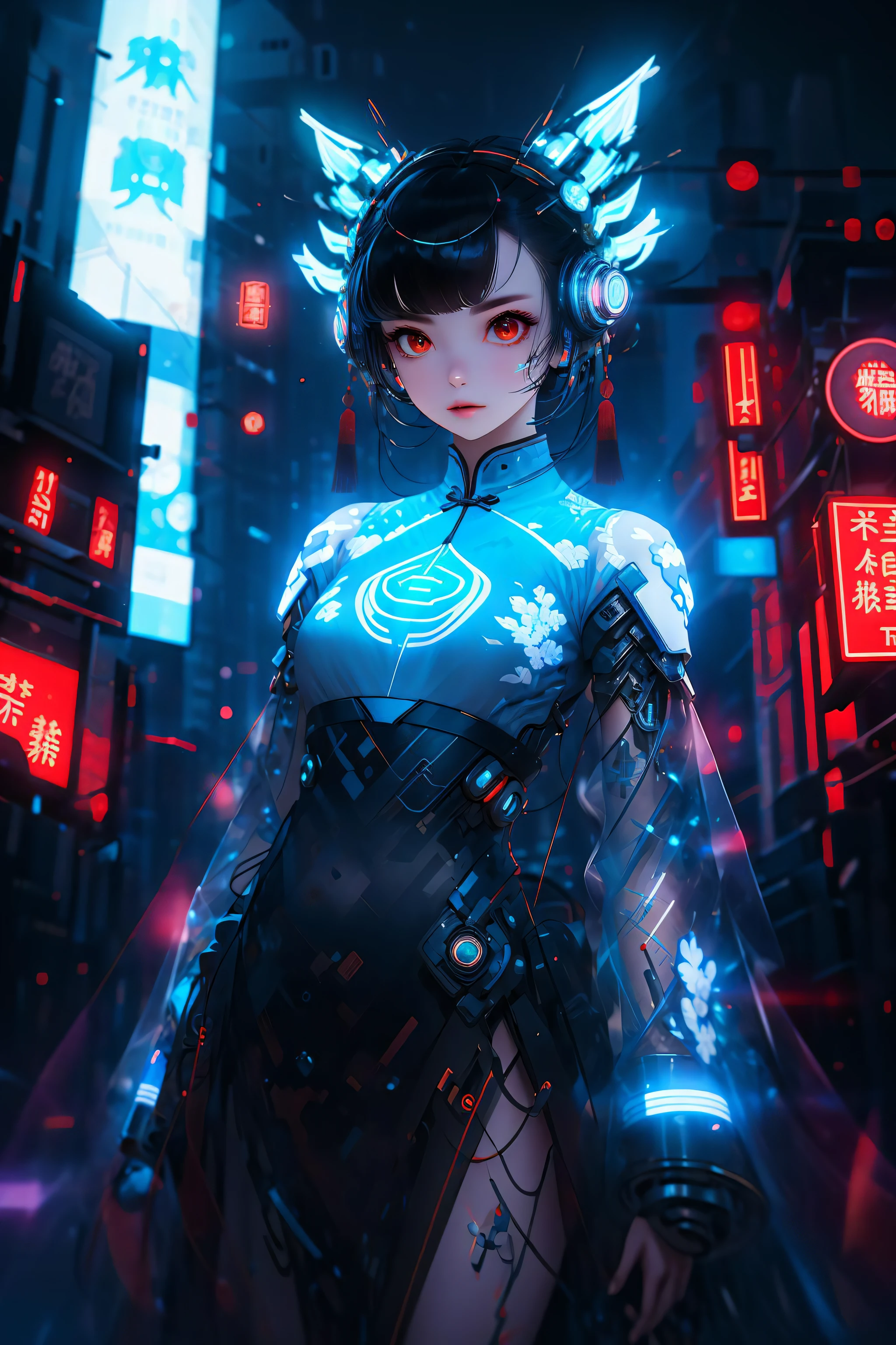 1 girl, solo, cyberhanfu, long sleeves, chinese_clothes, in blue and white, cyberpunk city, dynamic pose, Headdress, hair ornament, long hair, cyberpunk, a high-tech city, full of machinery and futuristic element, futurism, technology