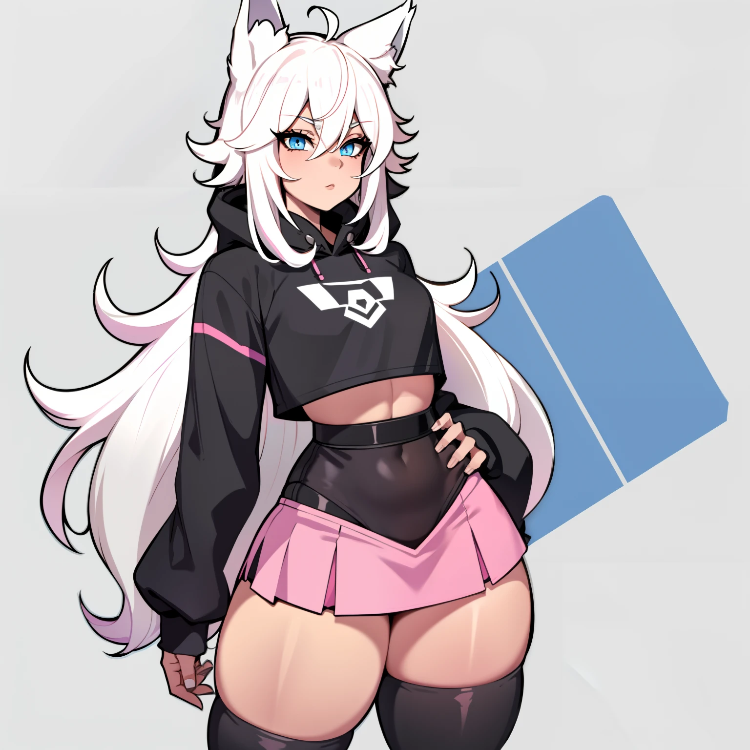 Single boy, Anime Femboy, Short, Long white hair, wolf ears, wolf tail, blue eyes, wearing cute pink skirt, thigh high socks, black combat boots, flat chest, super flat chest, solo femboy, only one femboy ((FLAT CHEST)), wide hips, thicc thighs, happy, crotch bulge (CROTCH BULGE), yoga leggings, wearing cropped black hoodie, solo, alone