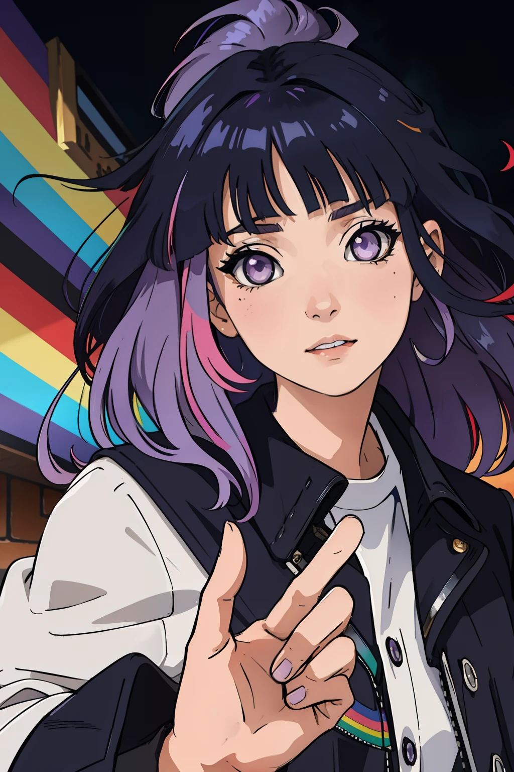 masterpiece, best quality, girl with rainbow hair, really wild hair, mane, Blunt Bangs, purple eyes