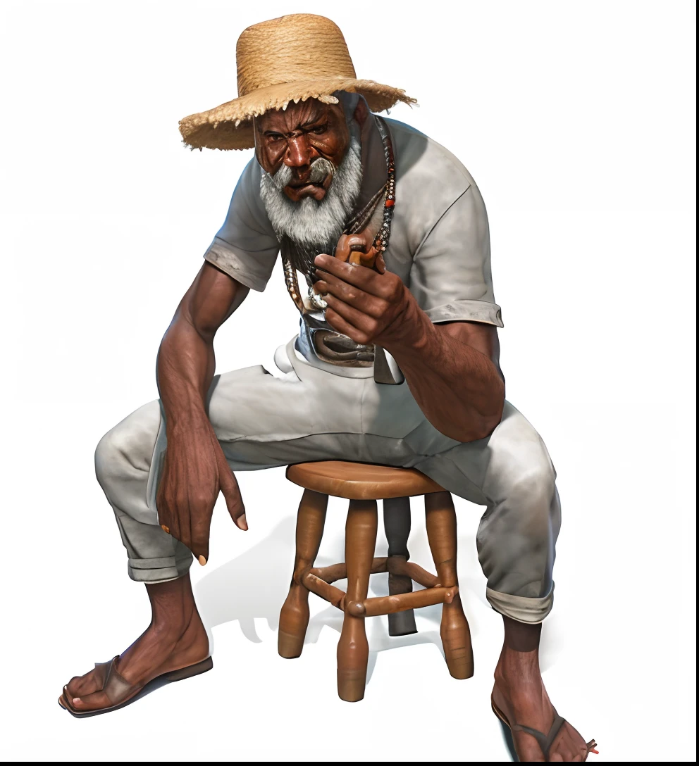 Cinematic hyperrealistic image of extreme realism, perfeita, a man sitting on a stool with a straw hat, 3d render senior artist, old man, um velho, dnd render de um homem, um velho, Wise old man, old charismatic mechanic, pintado digitalmente, 3 d render of a shaman, Pose de pensador, Homem africano, indigenous man, pose sentada, sentado em um banquinho, aboriginal australian hipster