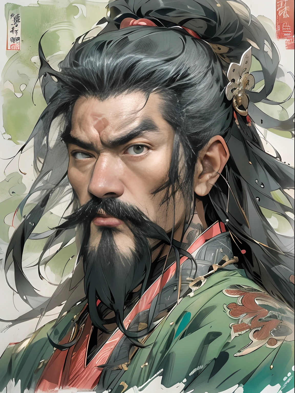 (((China-style,Ink painting method,Half-length portrait,Intense color,Han dynasty, China,Hanfu,Armor,Guan yu,Guan Yunchang,of a guy,Ruddy killing square face,Hold the Blue Dragon Moon Knife in his right hand,Stroke your beard with your left hand,Long hair,petty eyes,Green robe))), (((best qualityer))), (((tmasterpiece))), (((AS-Adult))), ((( Japanese ))), Look up from your knees, Handsome Asian samurai,perfect body figure, Modern samurai, ((( Asian))), Wear gloves on your hands,The left arm is made of steel and metal tips,Made of protective devices, The eyes are pulled, (( Appears below the chest )), (( Small dental floss )), Simon Bisley, Almost naked(Simon Bisley)Castle City Wilderness,For high-resolution posters, hair straight, Minimum clothing, armure (Crazy clothes ), Full of tips and rivets, tribal tattoos, (((full bodyesbian))), Straight brunette hair,Colored hair ends