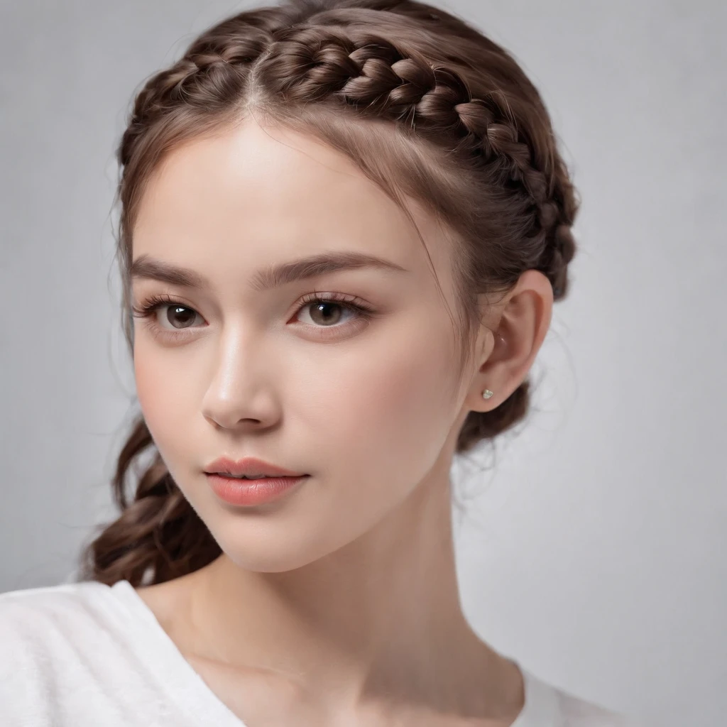 (Photo: 1.3) af (Reality: 1.4), (((White T-shirt))), (Lady with braids), super high resolution, (Reality: 1.4), 1 girl, female avatar, soft light , short hair, facial focus, cheerful, young, confident, ((gray background)), (((monochrome background))), high definition, details, slightly looking up, perfect picture, movie quality, ultra high definition, female avatar, beautiful Girl, young and beautiful, delicate face, elegant and luxurious