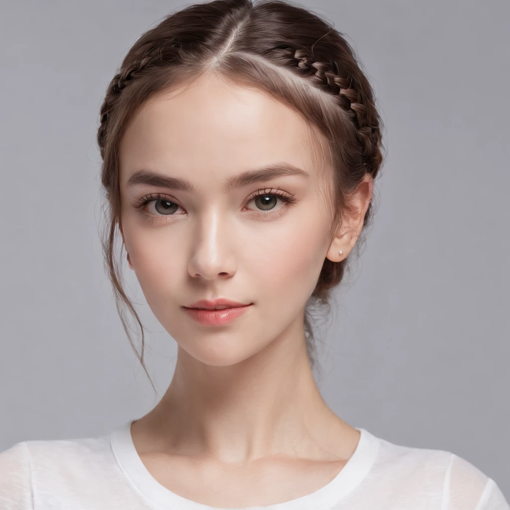 (Photo: 1.3) af (Reality: 1.4), (((White T-shirt))), (Lady with braids), super high resolution, (Reality: 1.4), 1 girl, female avatar, soft light , short hair, facial focus, cheerful, young, confident, ((gray background)), (((monochrome background))), high definition, details, slightly looking up, perfect picture, movie quality, ultra high definition, female avatar, beautiful Girl, young and beautiful, delicate face, elegant and luxurious