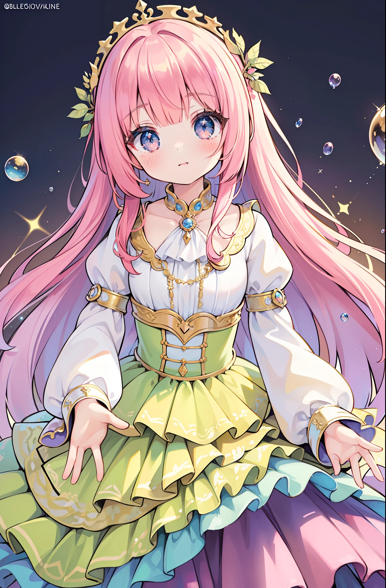 masterpiece, best quality, 8k resolution, sharp focus, intricate detail, beautiful girl, sparkling eyes, golden ratio face, otherworldly liquid, watercolor, warm colors, bright colors, whimsical, colorful, sharp focus, high resolution, fine detail, ((layered tiered puffy long sleeves ballgown)), ((round eyes)), iridescent bubbles, fantasia background