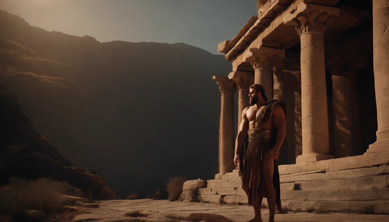 Stock Gricki Stoic which is the historical Greek status with Hercules-style profile muscles Cinematic 8k and dark background