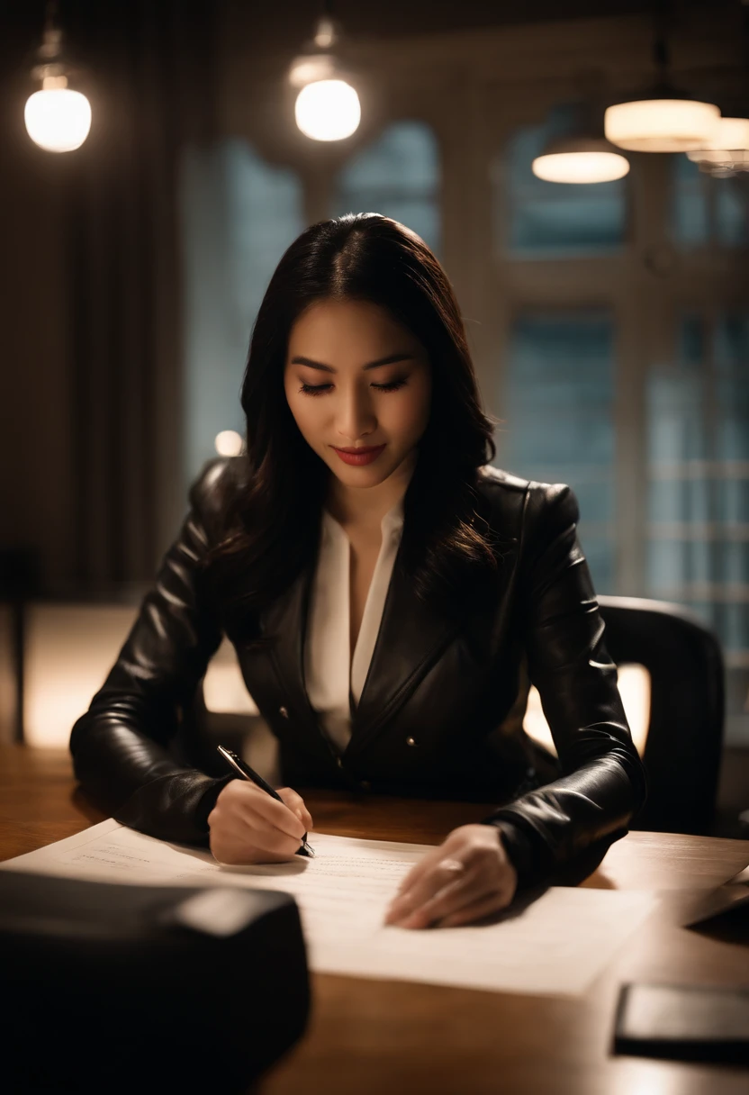 Wearing black leather gloves in both hands, upper body, black leather rider jacket, facing the desk in the study in the dark, looking down, smiling, writing a letter using a fountain pen, long, straight black hair, young Japanese woman (black leather gloves cover both hands)