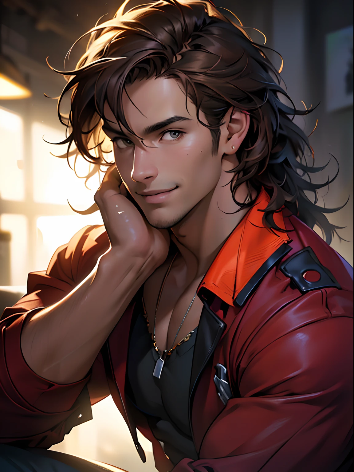 (black, young guy, red suit, messy hair, brown hair, smile, lindo, stylish pose, show, defined, forte, fim do mundo) (best quality, 4k, highres, masterpiece:1.2), ultra-detailed, (realistic, photorealistic, photo-realistic:1.37), HDR, studio lighting, professional, vivid colors, sharp focus, portraits