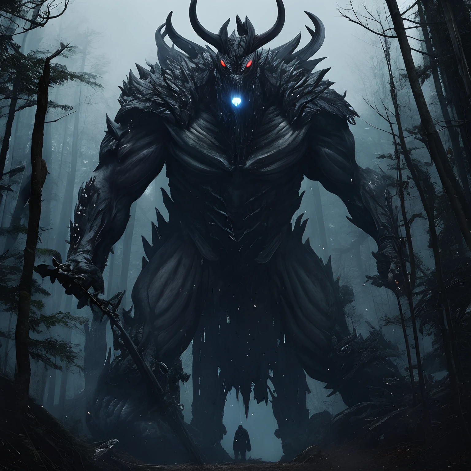 Huge creatures、One Eye、Red Eyes、Gray skin、Being in the forest、blue-sky、I'm looking down、less muscles、Evil God、Fantastical、Big enough to reach the sky、the skin is gray、The bones are faintly protruding、