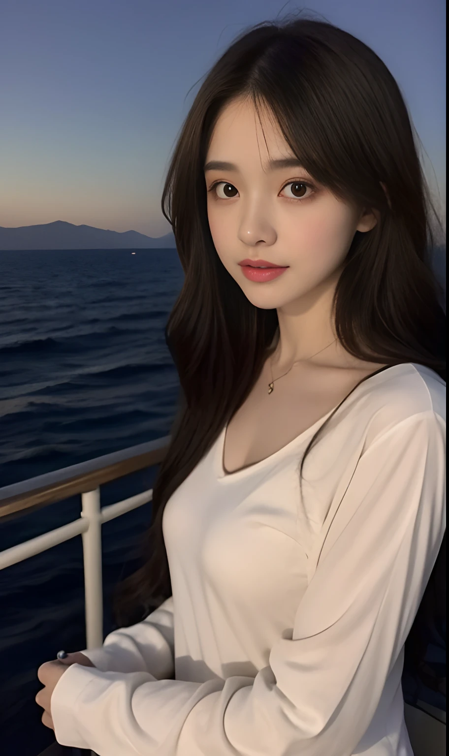 （Original photo of 8K，best qualtiy，tmasterpiece：1.2），（Medium view），the night，Night on a yacht，Sea and night view in the background，best qualtiy，tmasterpiece，（Small mouth：1.2），short- sleeved，short- sleeved，short- sleeved，short- sleeved，an extremely delicate and beautiful one，，astounding，finely detailled，tmasterpiece，Best quality at best，（age 22：1.2），Narrow waist，Slim，is shy，Pure，adolable，Bushy hair，Soft hair，big breasts beautiful，A detailed eye，（long whitr hair：1.2）