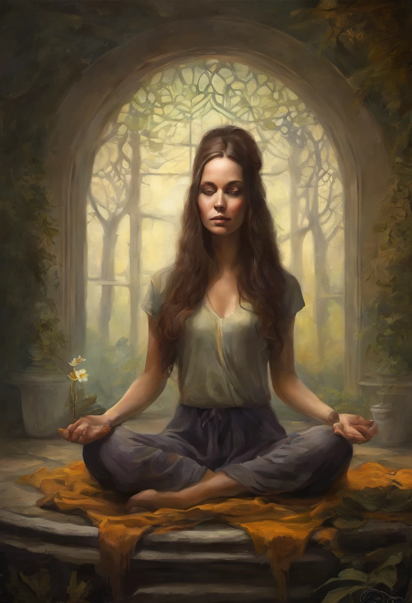 girl, sitting in a meditation position, diante de um orisonte lindo, com o sol se pondo, in connection with the divine, foto de retrato, Directed by: Drew Tucker, Directed by: Adam Marczyński, Directed by: Alexander Kucharsky, Directed by: Gavin Nolan, Surrealismo 8K, Directed by: Jason Felix, Yuri Shwedoff e Tom Bagshaw, arte ilustrativa, Estilo Erik Johansson