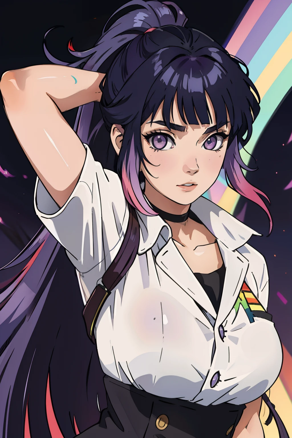 masterpiece, best quality, girl with rainbow hair, really wild hair, mane, Blunt Bangs, purple eyes