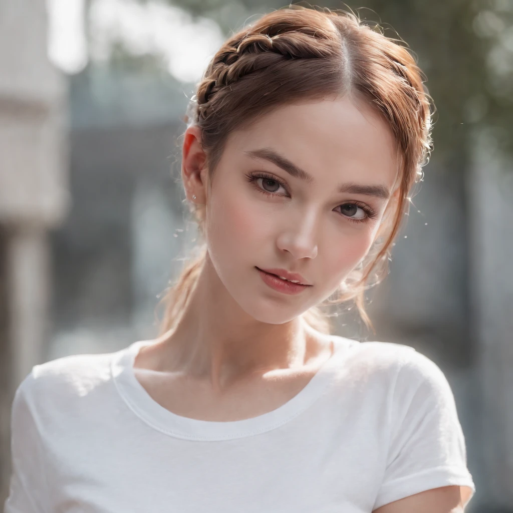 (Photo: 1.3) af (Reality: 1.4), (((White T-shirt))), (Lady with braids), super high resolution, (Reality: 1.4), 1 girl, female avatar, soft light , short hair, facial focus, cheerful, young, confident, ((gray background)), (((monochrome background))), high definition, details, slightly looking up, perfect picture, movie quality, ultra high definition, female avatar, beautiful Girl, young and beautiful, delicate face, elegant and luxurious