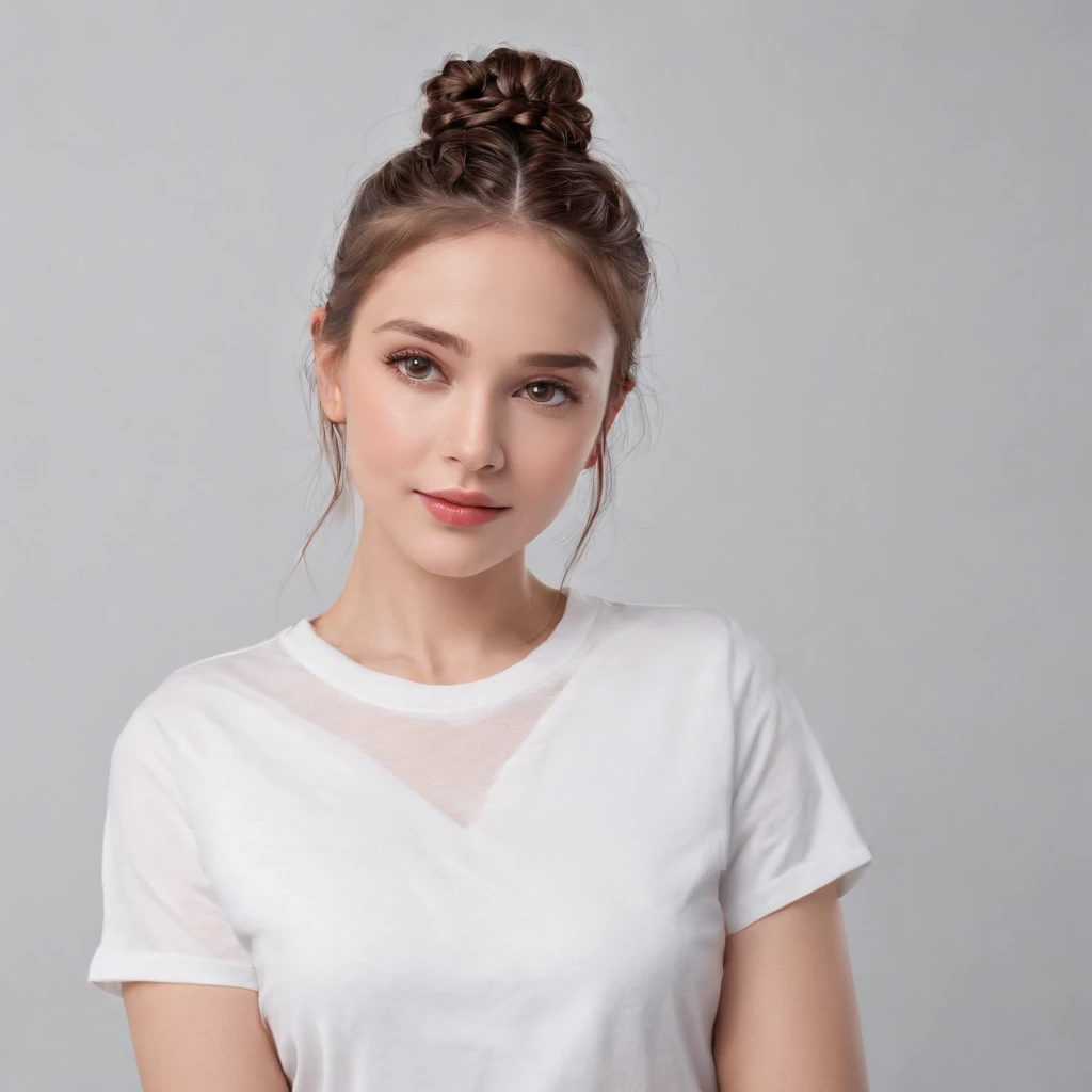 (Photo: 1.3) af (Reality: 1.4), (((White T-shirt))), (Lady with braids), super high resolution, (Reality: 1.4), 1 girl, female avatar, soft light , short hair, facial focus, cheerful, young, confident, ((gray background)), (((monochrome background))), high definition, details, slightly looking up, perfect picture, movie quality, ultra high definition, female avatar, beautiful Girl, young and beautiful, delicate face, elegant and luxurious