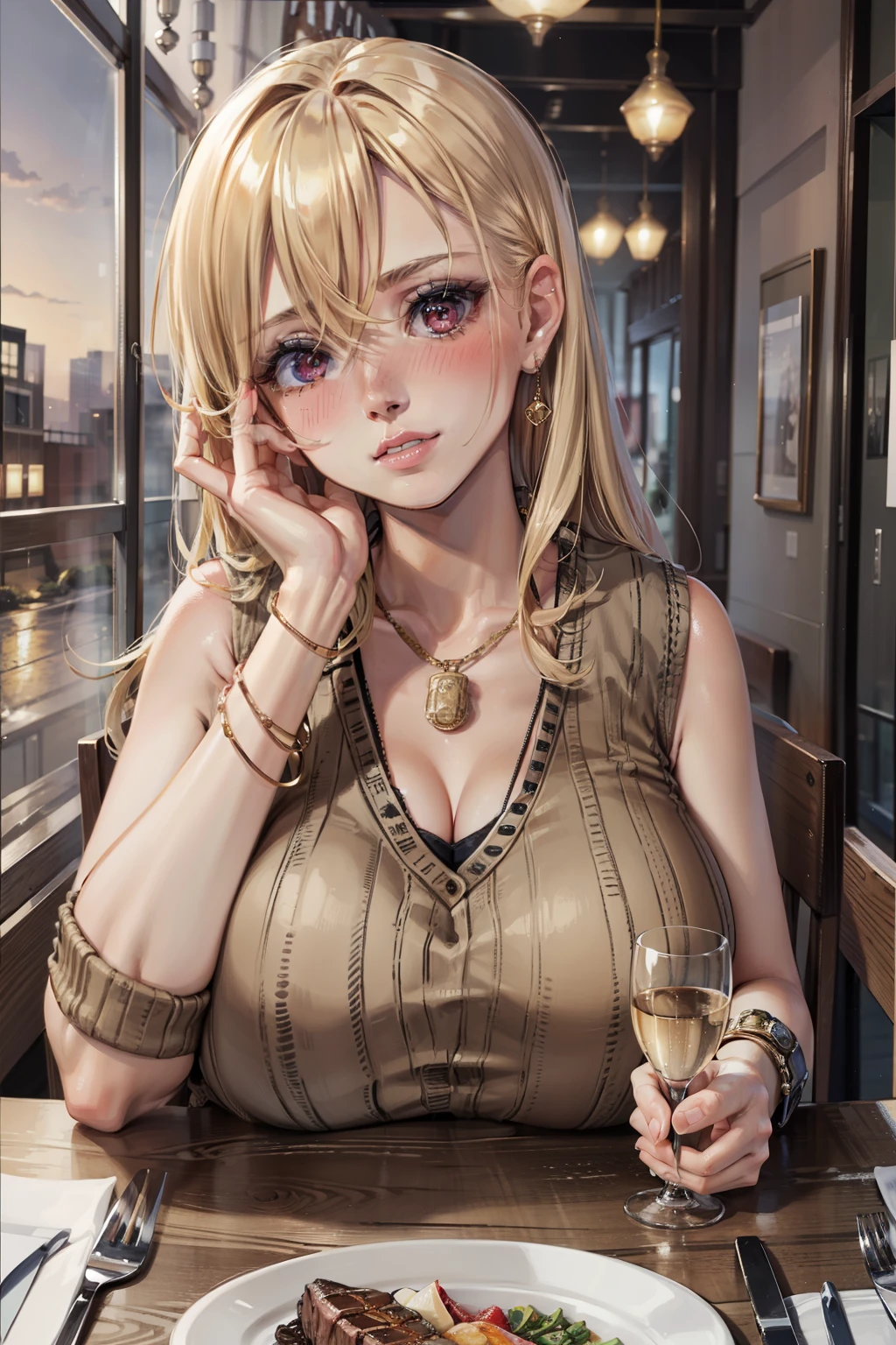 (masterpiece, best quality), 1girl, blonde hair, pink eyes, head tilt, nose blush, across table pov, huge breasts, sweater vest, burberry print, necklaces, bracelets, bare arms, food, steak, romantic lighting, champagne glass, detailed face and eyes, restaurant,