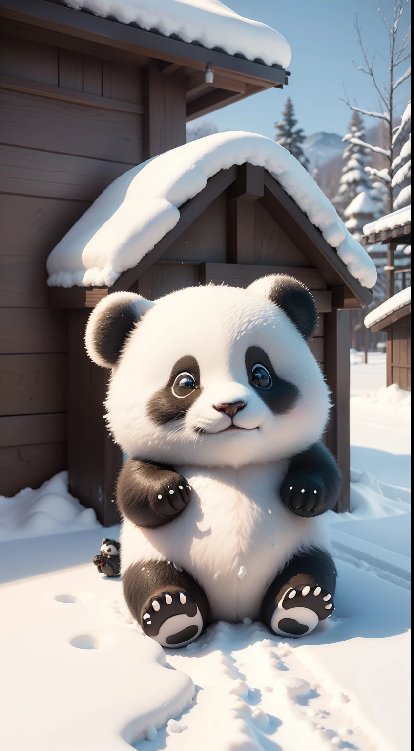 On the snow,1 cute 3D little panda, sitting, adorable, the background is a Japanese-style house,Ultra HD details,brightly,Neat,CG rendering ar9:16