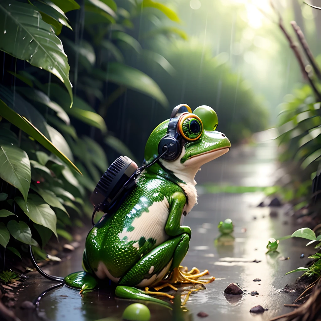 scene, rain forest amazon, futuristic radio, wireless, frog, headphone, green, realistic --auto --s2