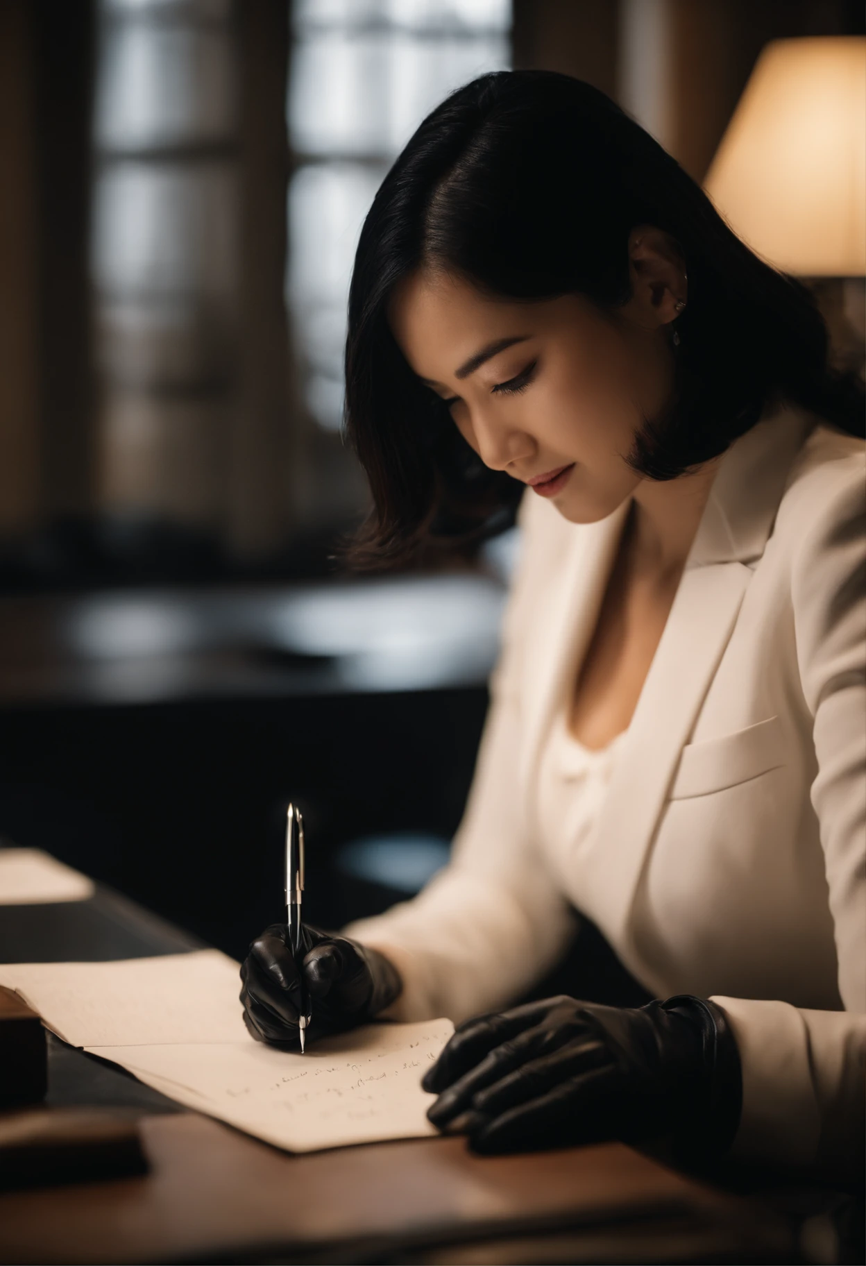 Wearing black leather gloves in both hands, upper body, black leather rider jacket, facing the desk in the study in the dark, looking down, smiling, writing a letter using a fountain pen, long, straight black hair, young Japanese woman (black leather gloves cover both hands)