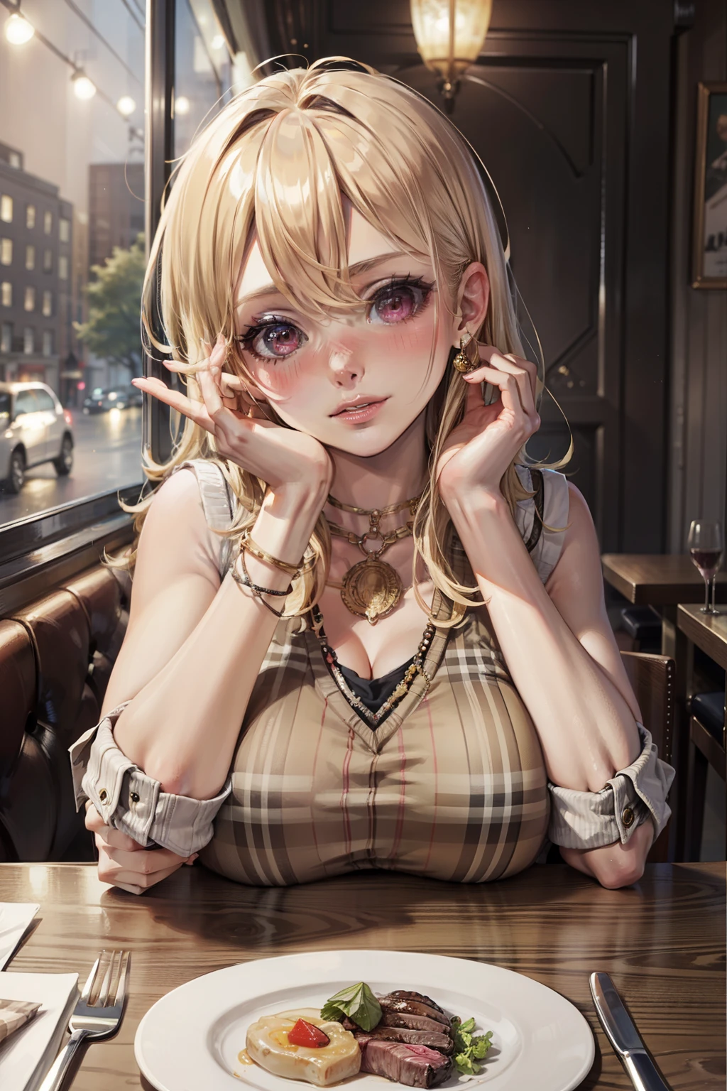 (masterpiece, best quality), 1girl, blonde hair, pink eyes, head tilt, nose blush, across table pov, huge breasts, sweater vest, burberry print, necklaces, bracelets, bare arms, food, steak, romantic lighting, champagne glass, detailed face and eyes, restaurant,