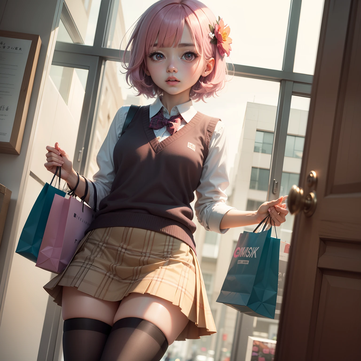 shopping,PH Momo, momohd, phmomo, Solo, 1girl in,  Pink hair, Purple eyes, Short hair, Hair Flower, Sweater Vest, School uniform, Big eyes, plaid skirts, black thighhighs,embarrassed