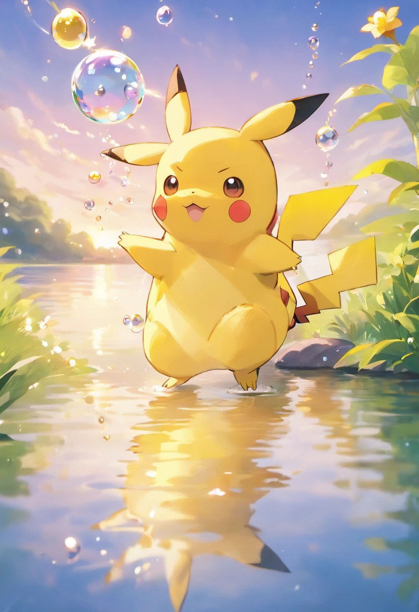An inspiring scene in ultra-high definition 3D showing Pikachu making a wish on the shore of a tranquil lake. Pikachu, Beautifully rendered down to the smallest detail, Bubbles are seen gently blowing into the air, Each has a hopeful wish. Bubbles capture the reflection of the setting sun, Dreamy creation, magical effect. The overall atmosphere is soft, Full of hope and tranquility