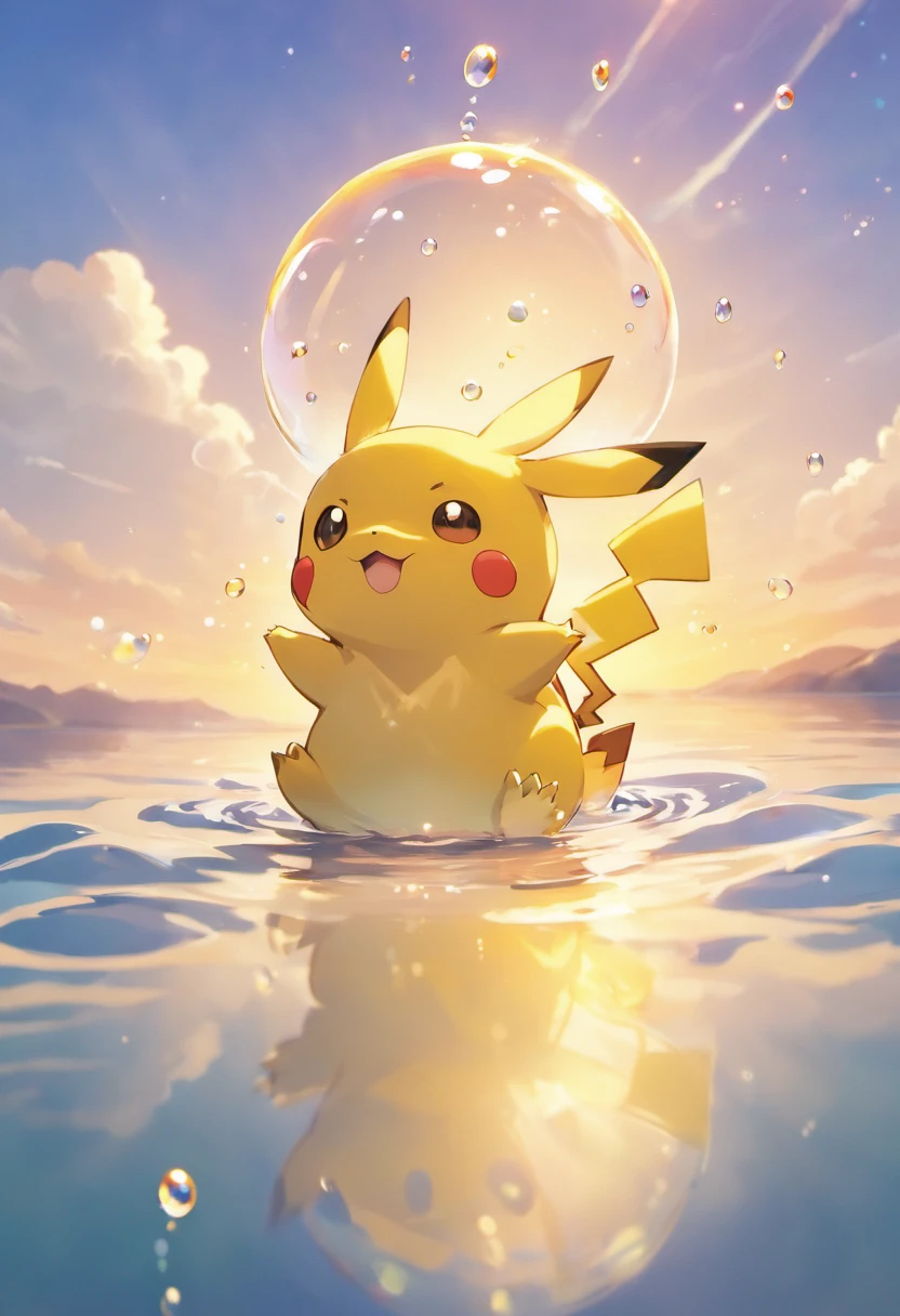 An inspiring scene in ultra-high definition 3D showing Pikachu making a wish on the shore of a tranquil lake. Pikachu, Beautifully rendered down to the smallest detail, Bubbles are seen gently blowing into the air, Each has a hopeful wish. Bubbles capture the reflection of the setting sun, Dreamy creation, magical effect. The overall atmosphere is soft, Full of hope and tranquility